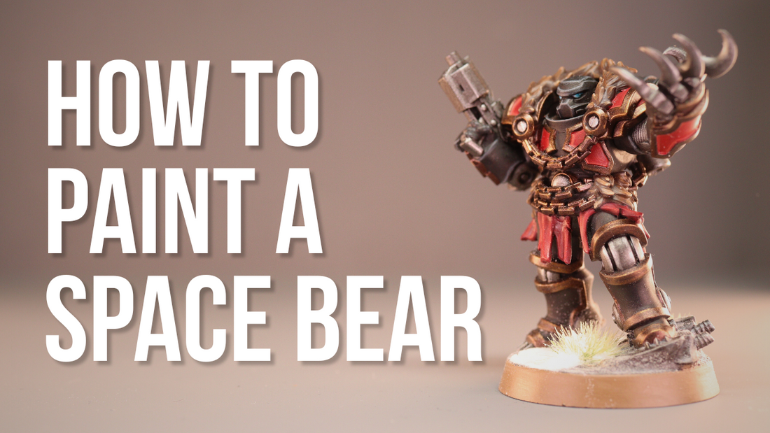 A Makwa Infantry Space Bear with claw up in the air proclaiming "How to Paint a Space Bear"
