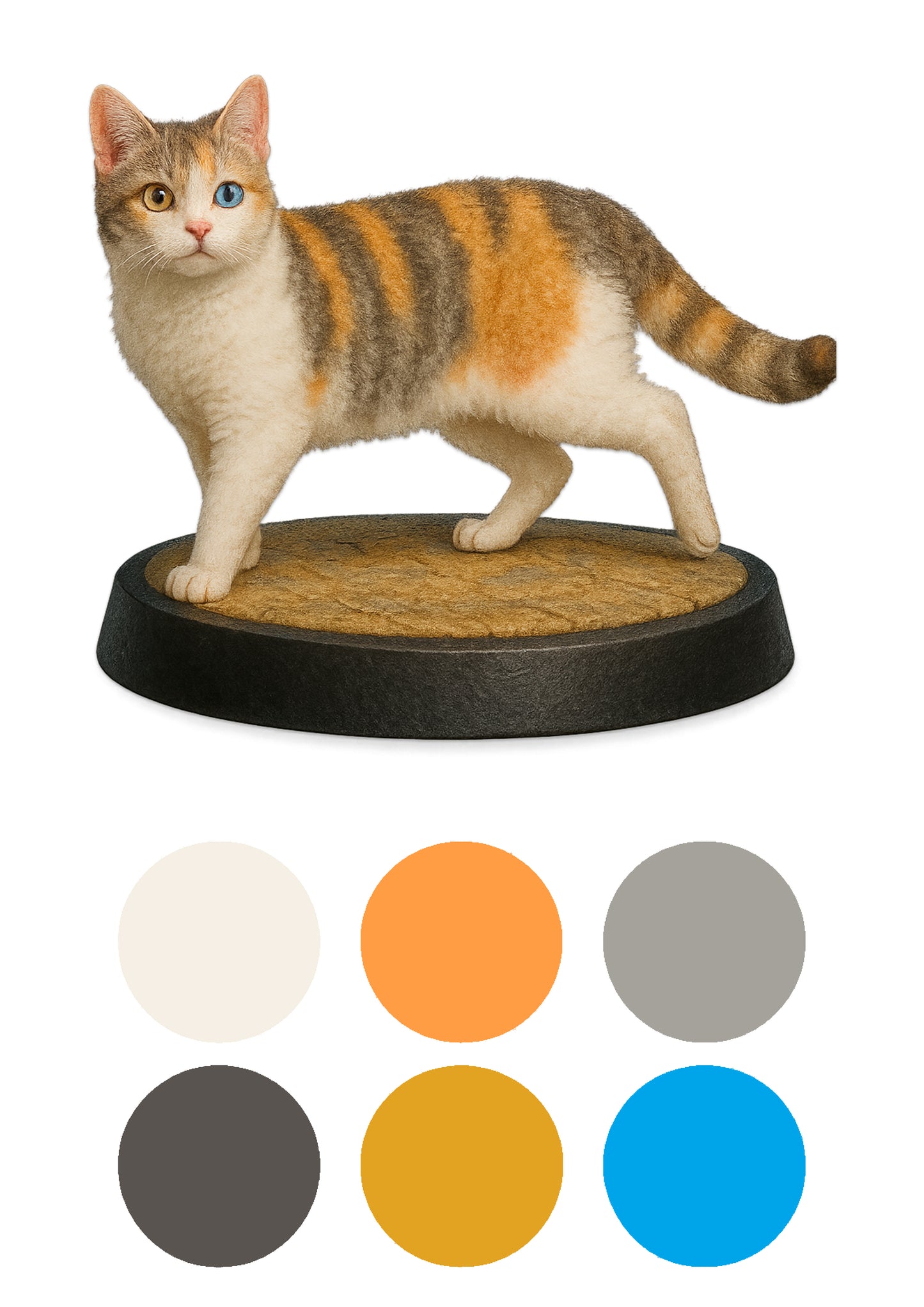 Cat figurine on a round base with color swatches below