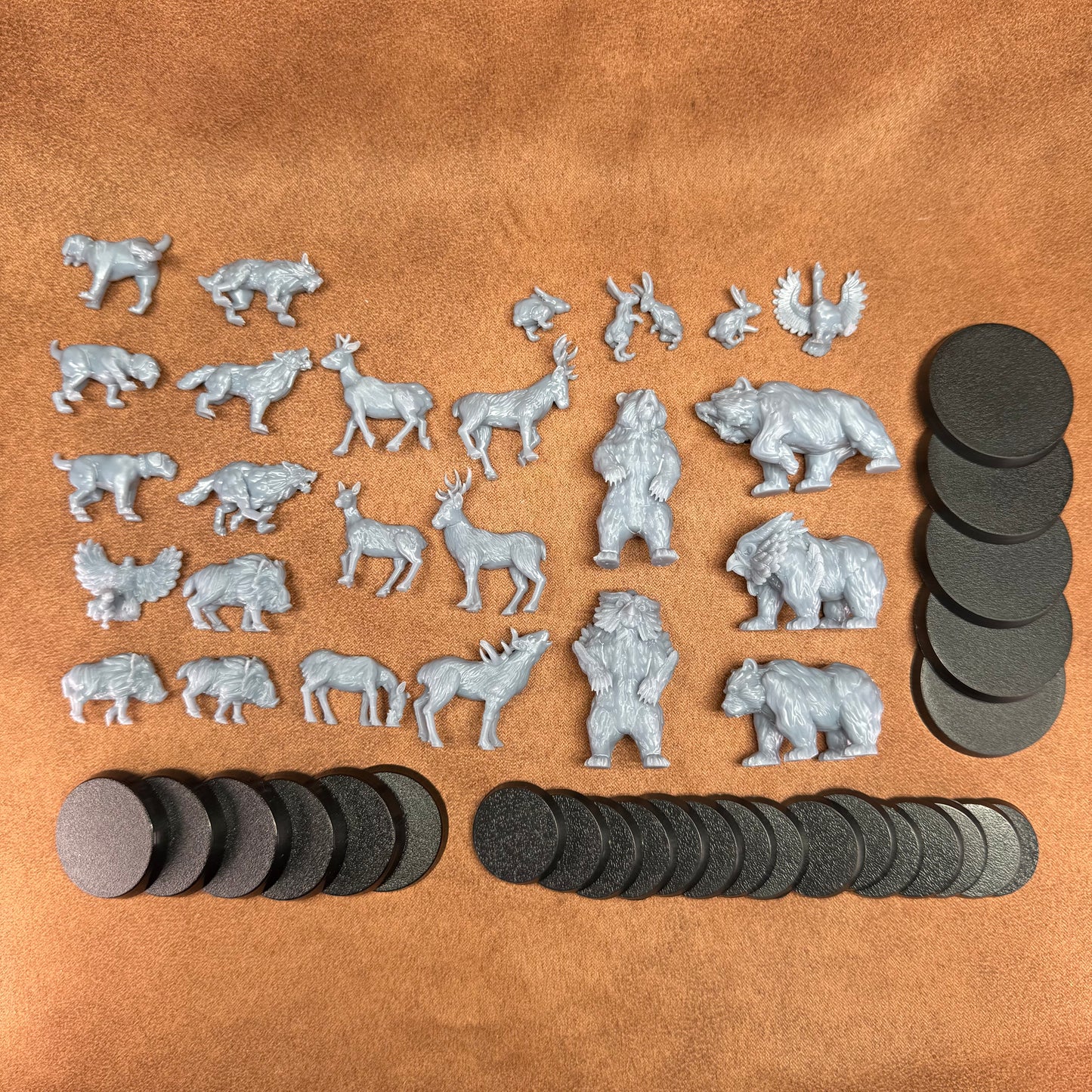 28mm resin miniature animals including bears, owlbears, deer, dogs, hounds, hares, rabbits, hawks and geese
