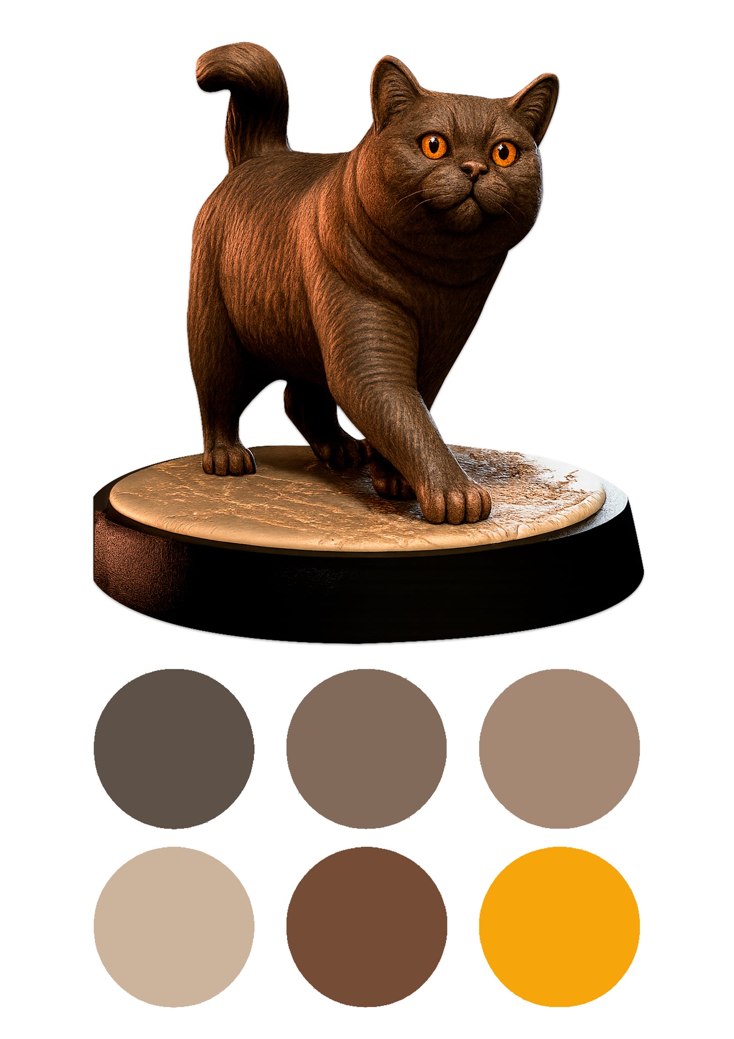 Cat figurine with color swatches on a white background