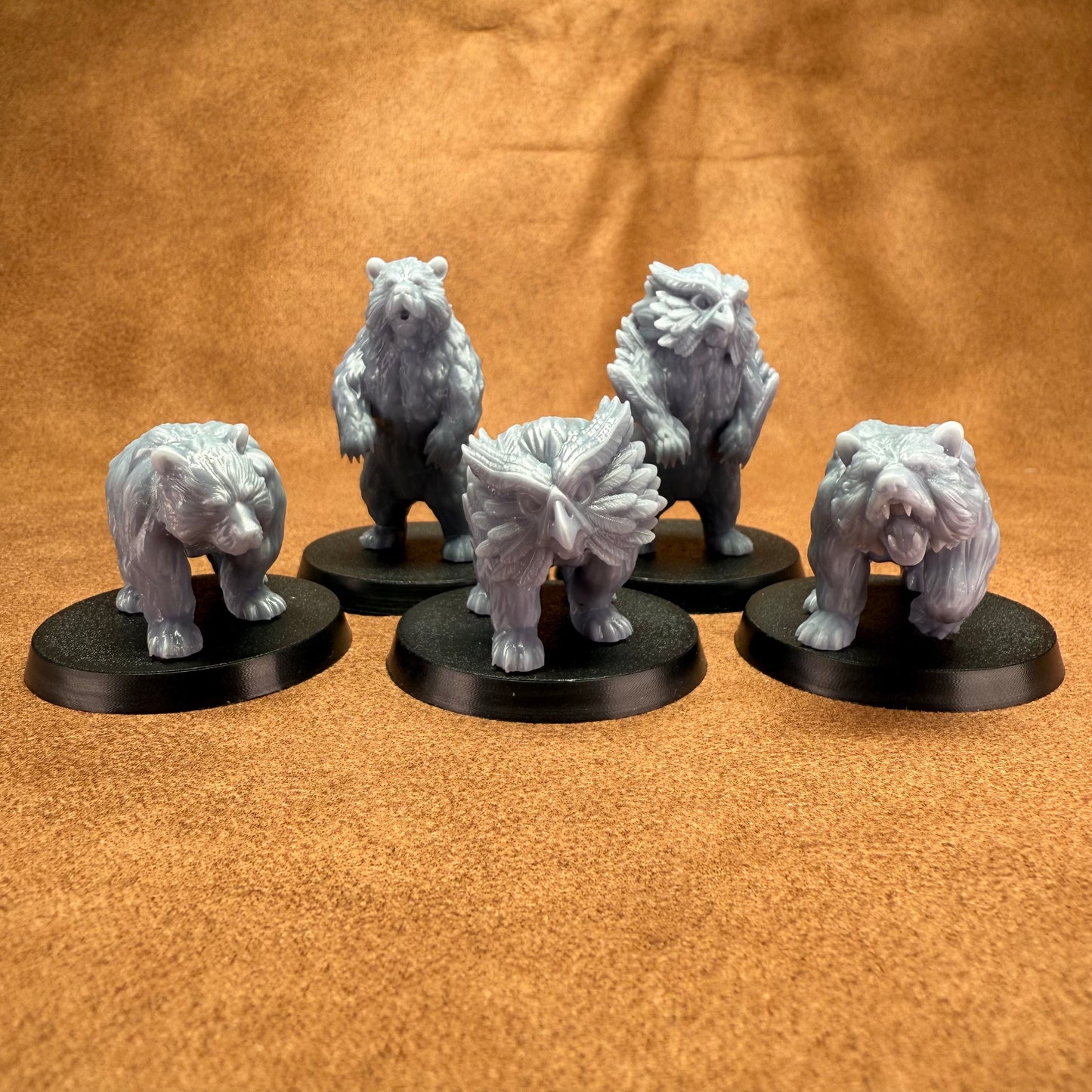 28mm resin miniature animals including bears, owlbears, deer, dogs, hounds, hares, rabbits, hawks and geese