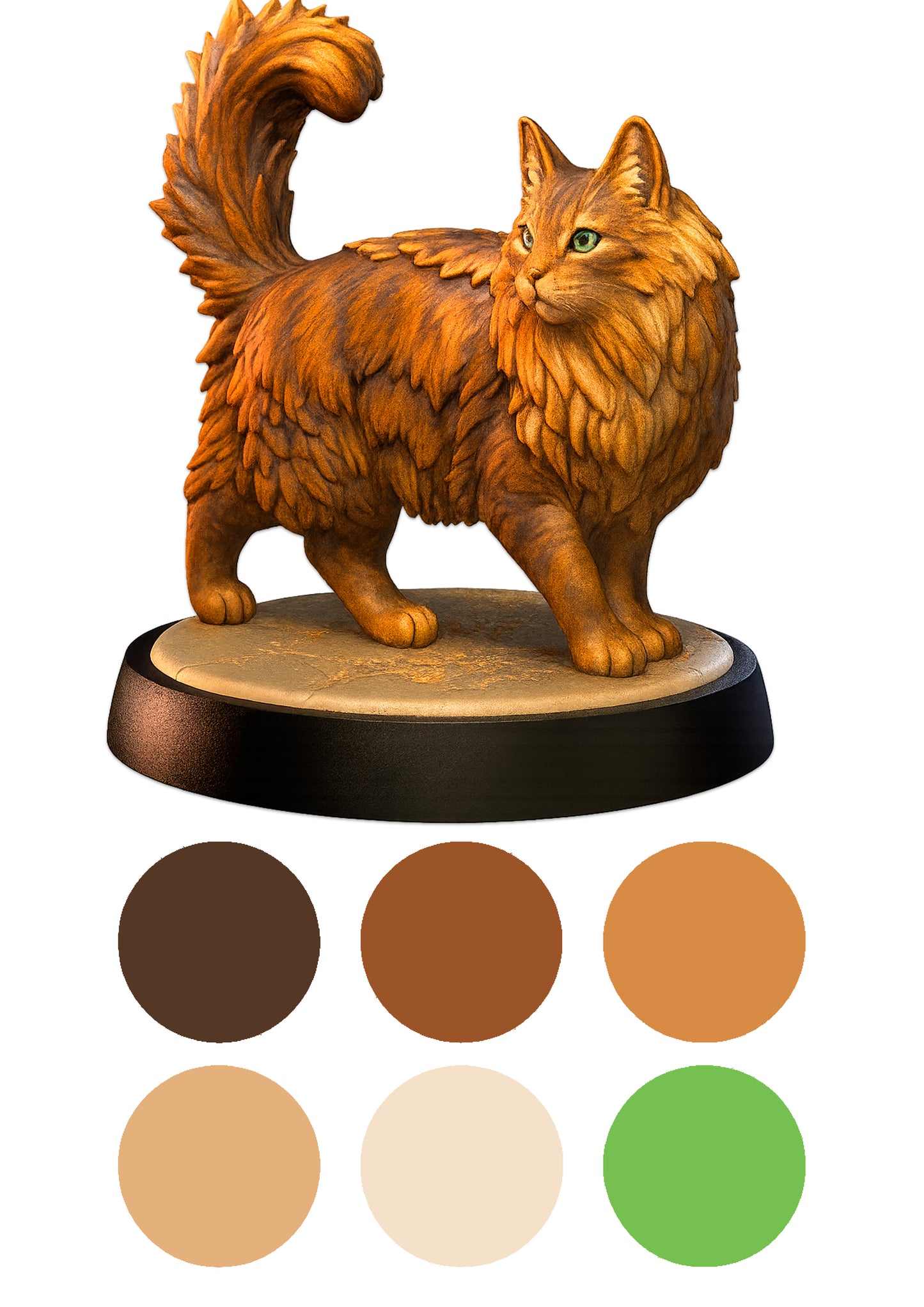 Wooden cat figurine with color swatches below on a white background