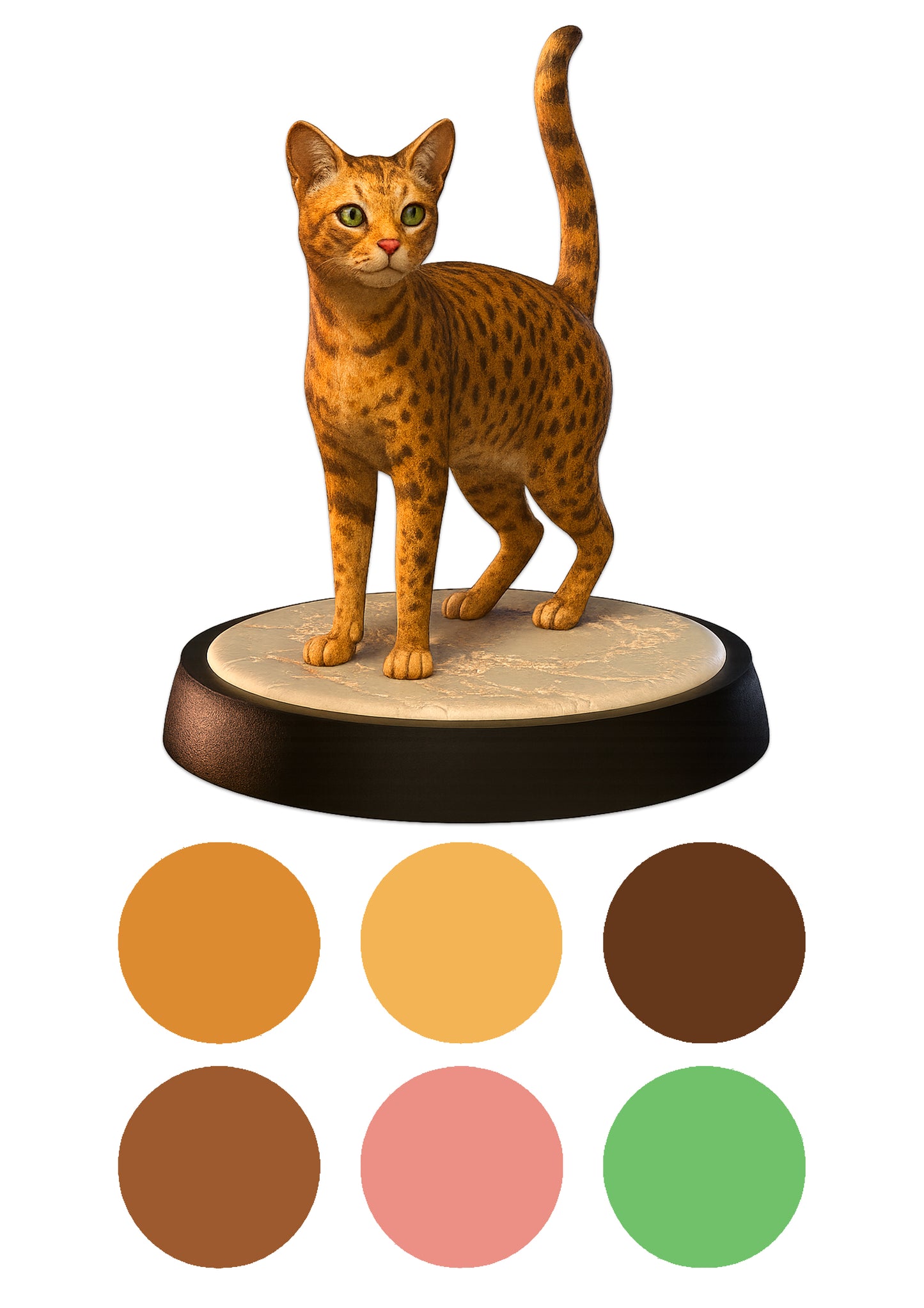 Cat figurine on a wooden base with color swatches below