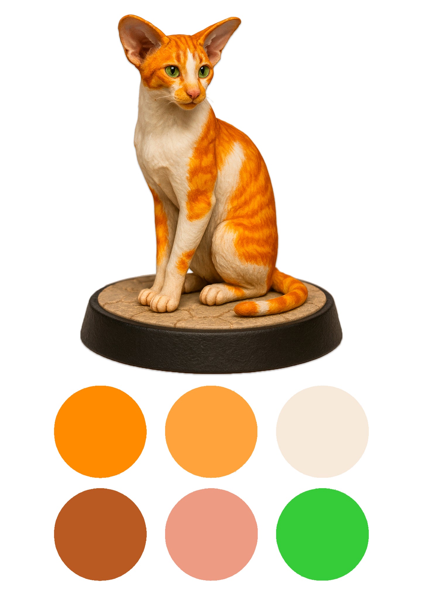 Cat figurine with color swatches on a white background