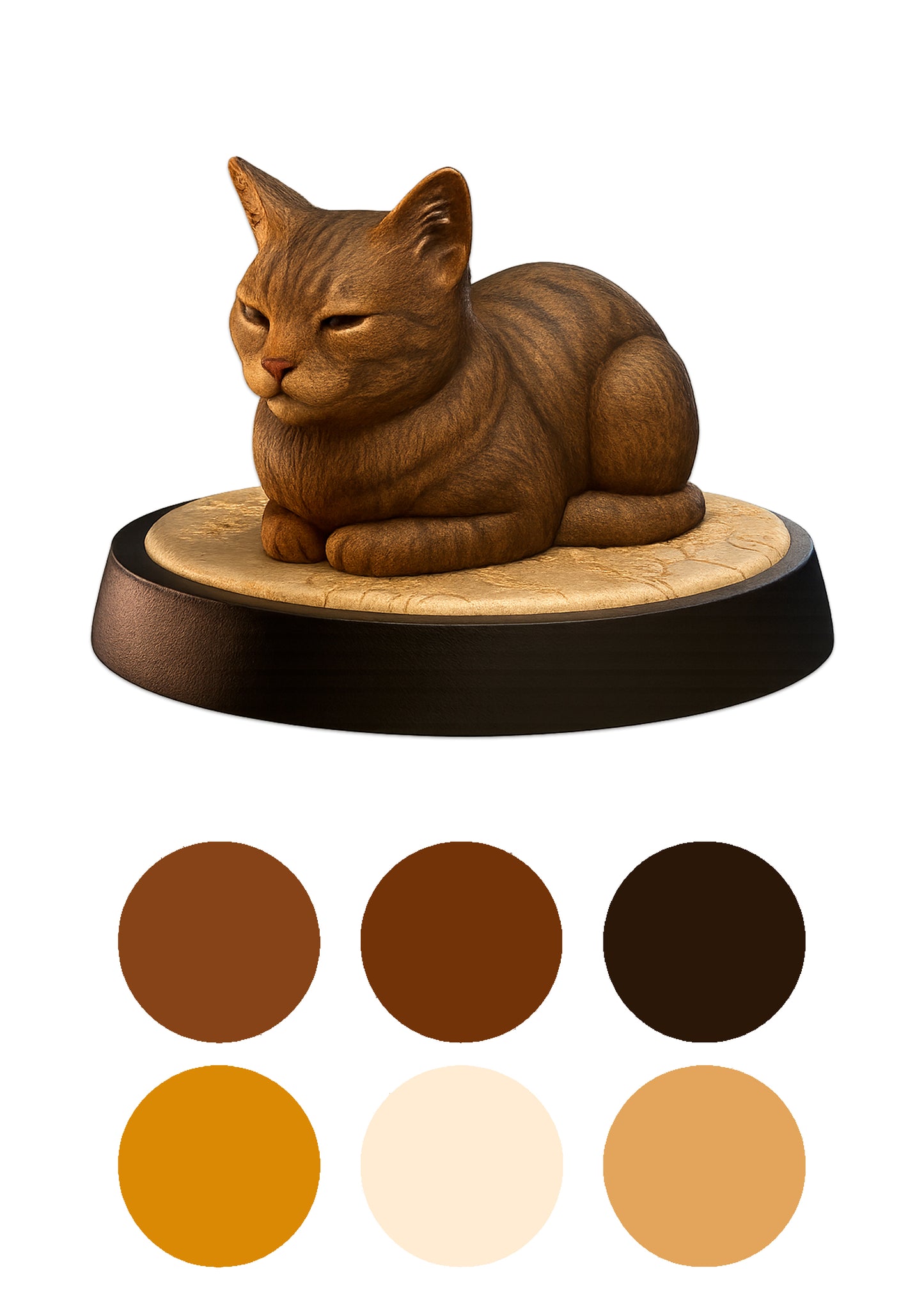 brown cat on a black base with colour swatches underneath on a white background
