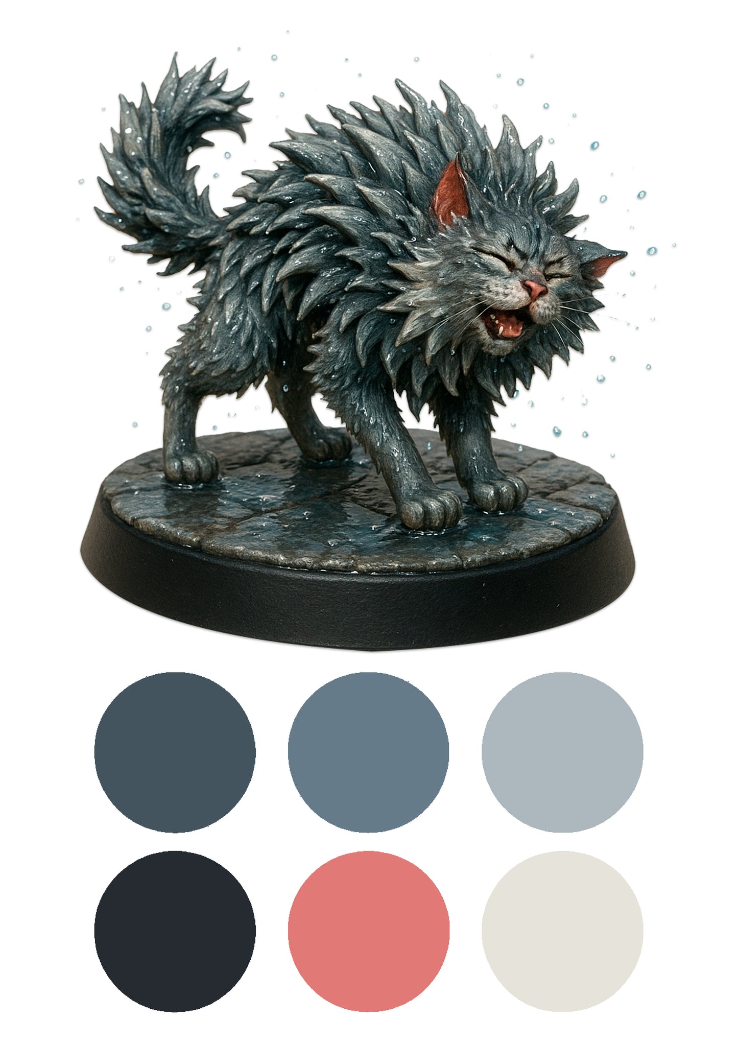 wet cat shaking itself dry on a stone floor on a black base with a white background and colour swatches underneath