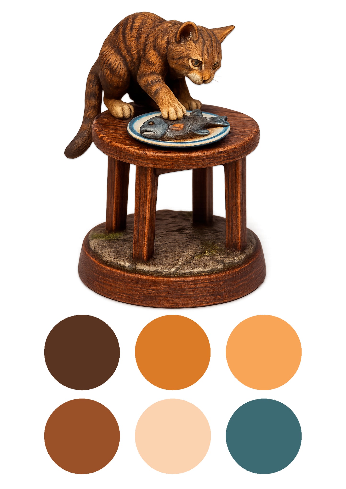 cat on a table stealing fish with colour swatches underneath on a white background