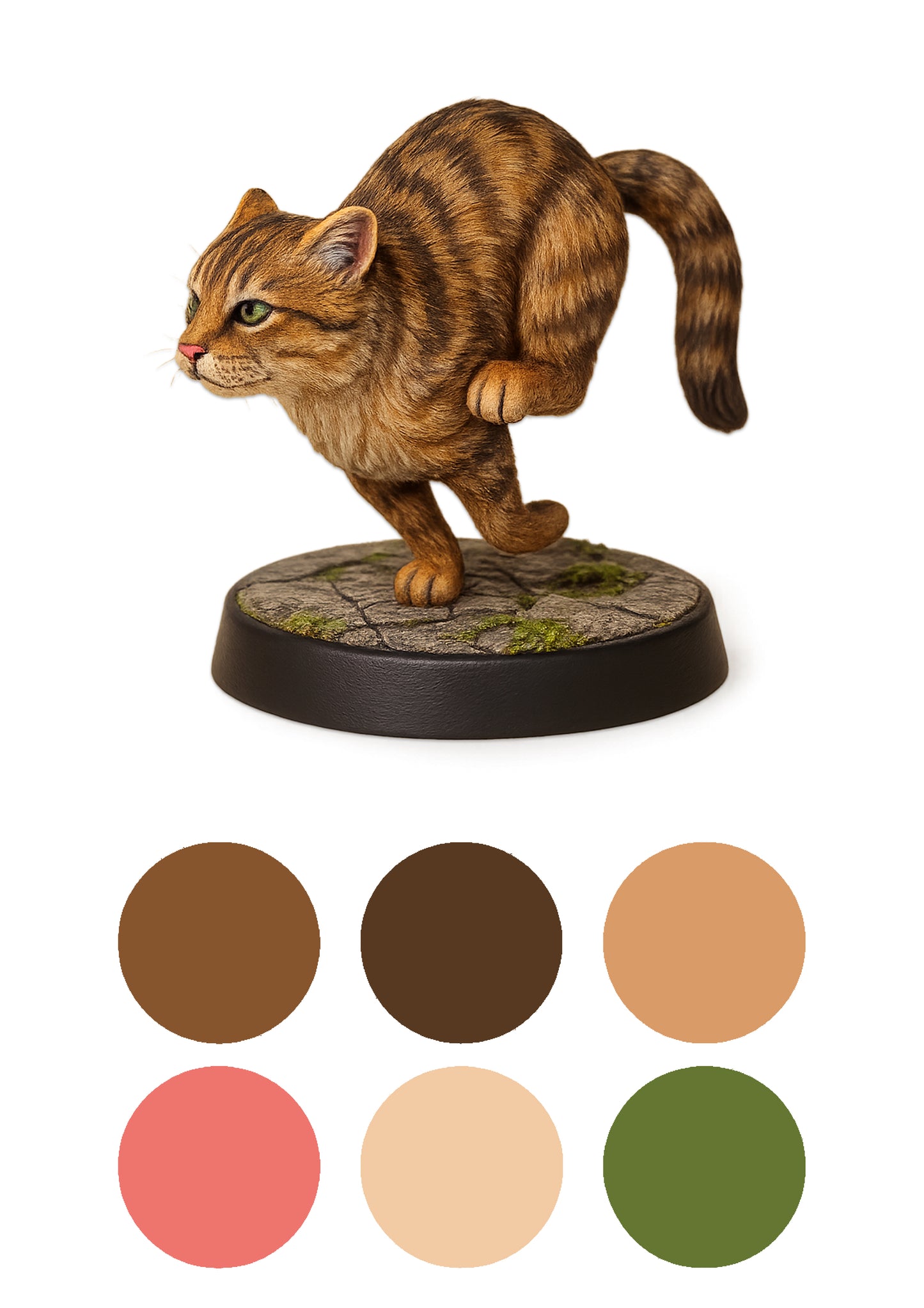 cat running on a stone base with a white background and colour swatches underneath