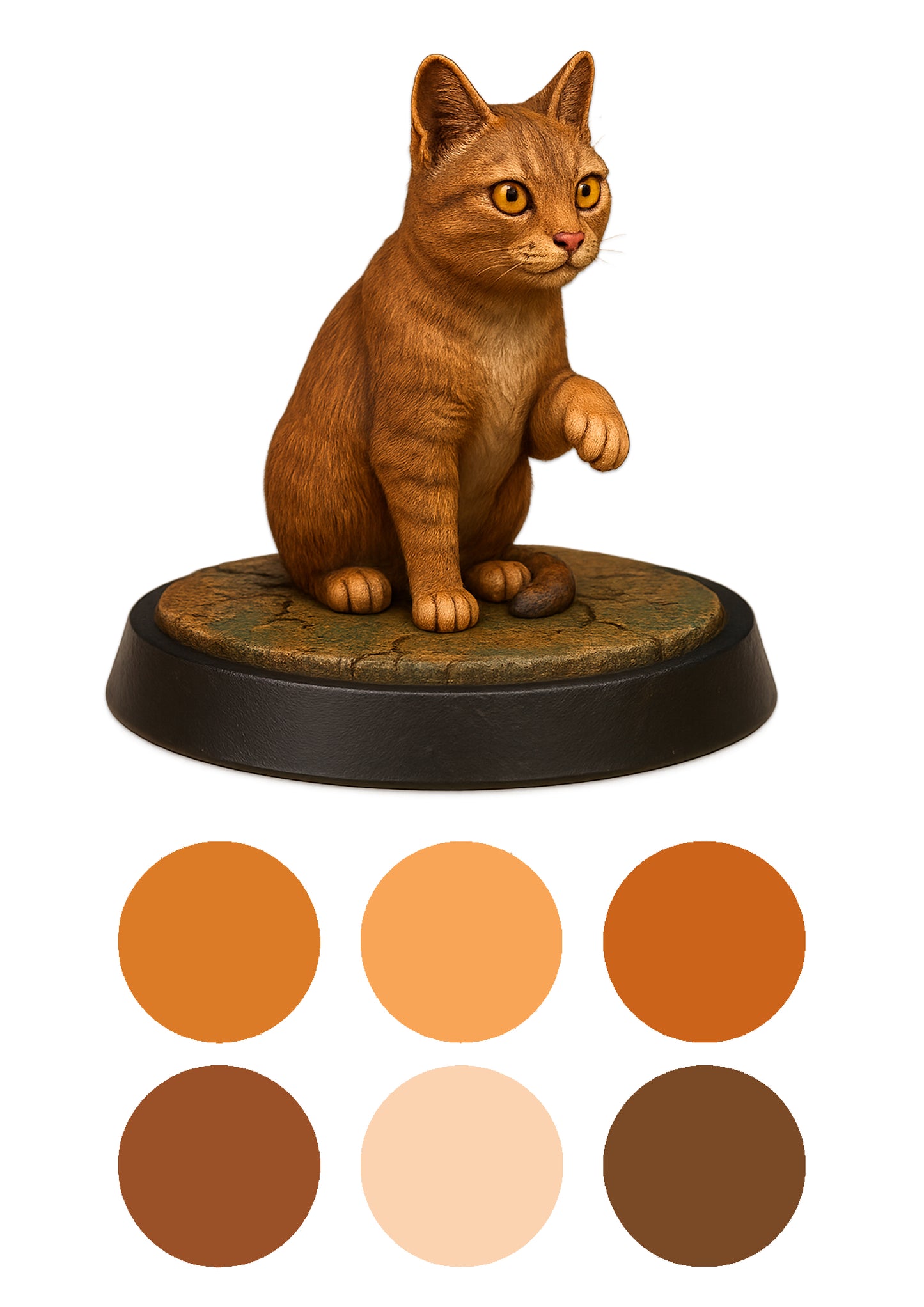 cat with its paw up on a stone base and a white background with colour swatches underneath