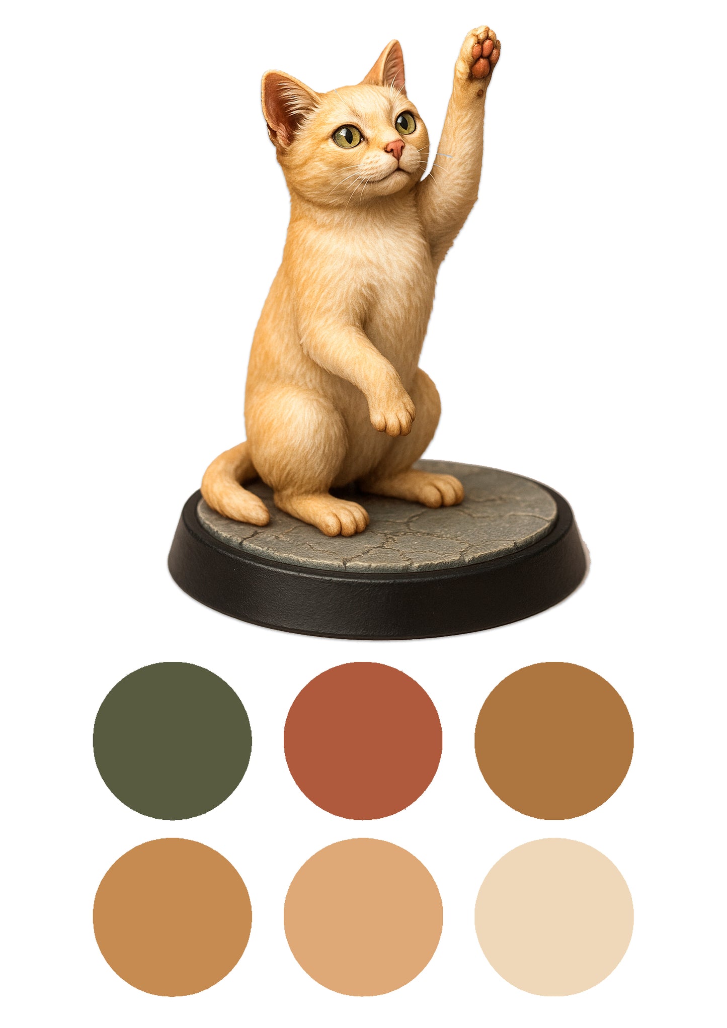 cat reaching for something higher up on a stone base and a white background with colour swatches underneath