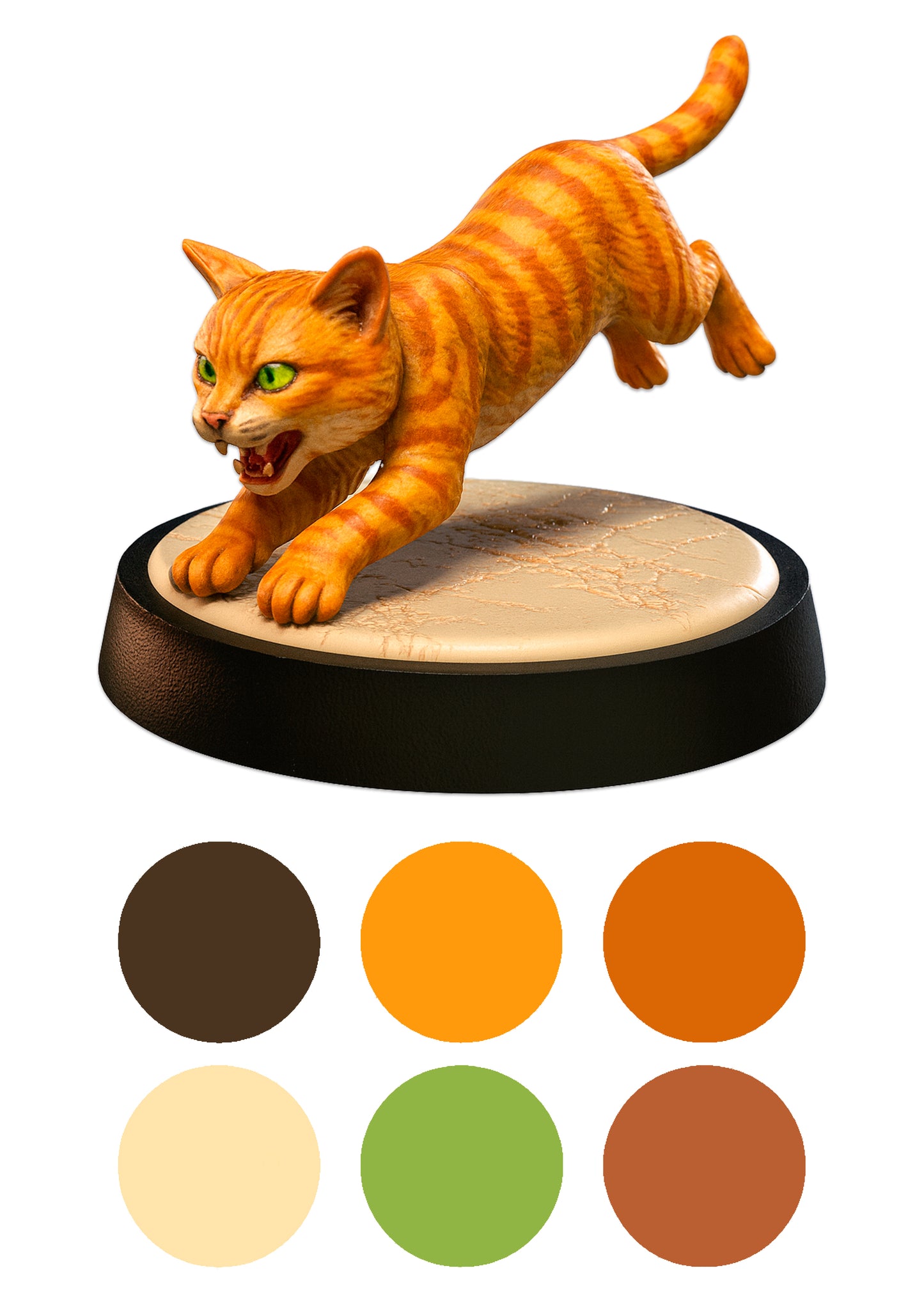 Cat figurine on a wooden base with color swatches below