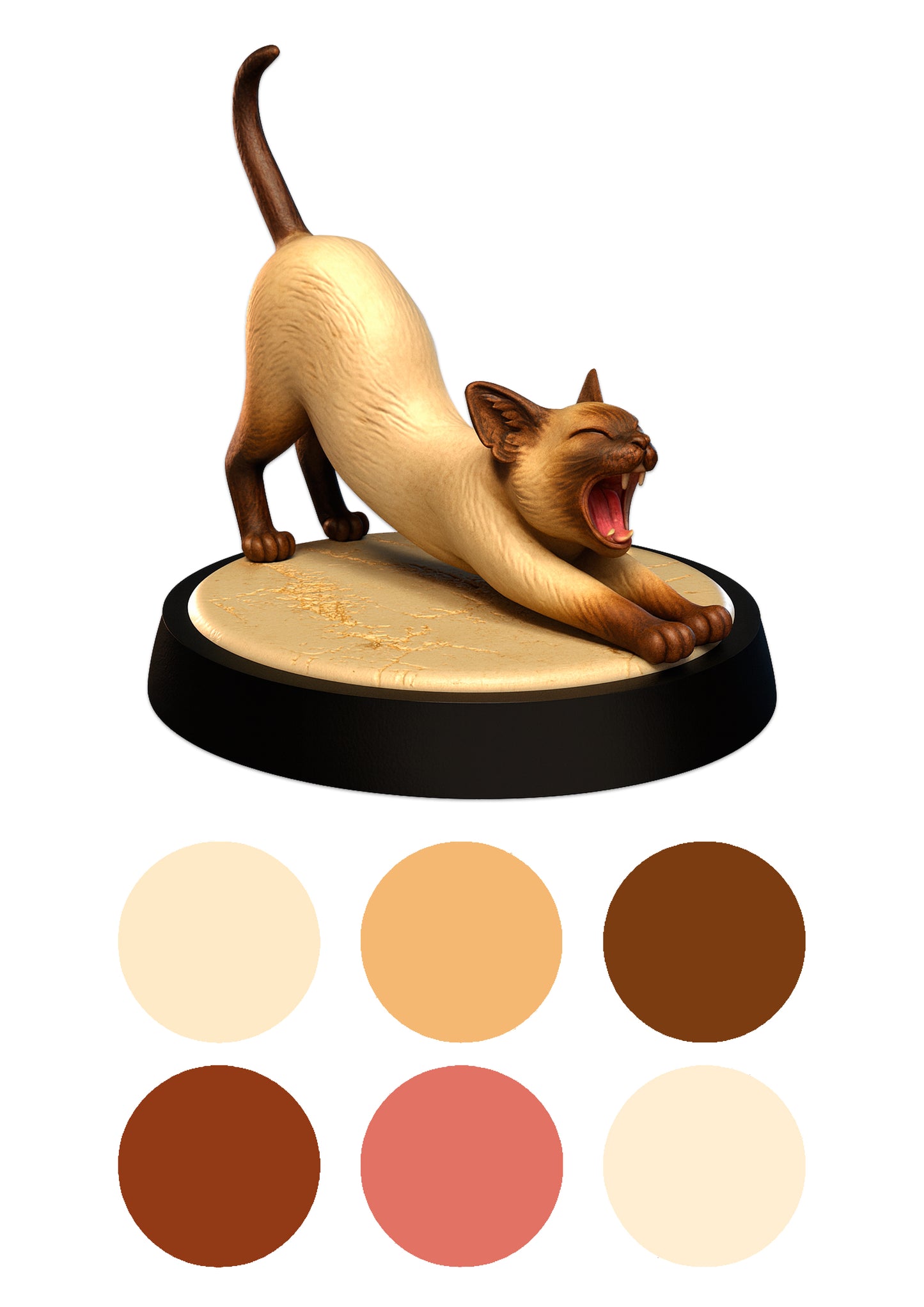 Cat figurine stretching on a white background with color swatches below