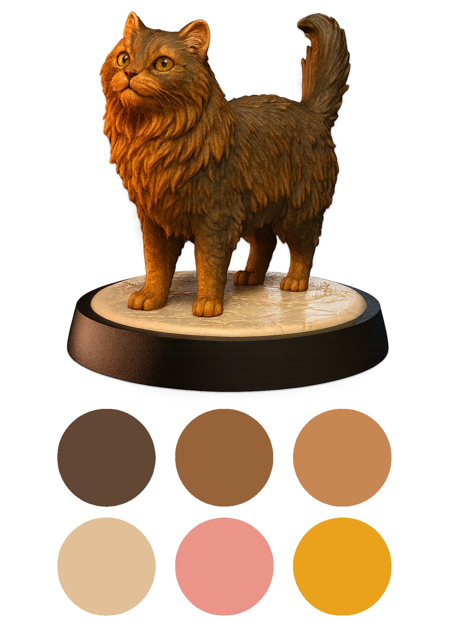 Wooden cat figurine on a white background with color swatches below.