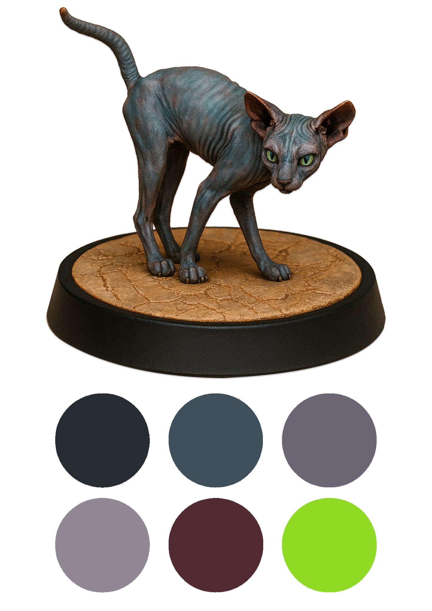 Statue of a Sphynx cat on a textured base with color swatches below.