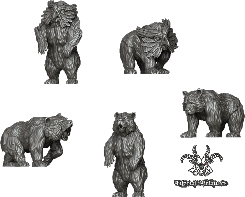28mm resin miniature animals including bears, owlbears, deer, dogs, hounds, hares, rabbits, hawks and geese