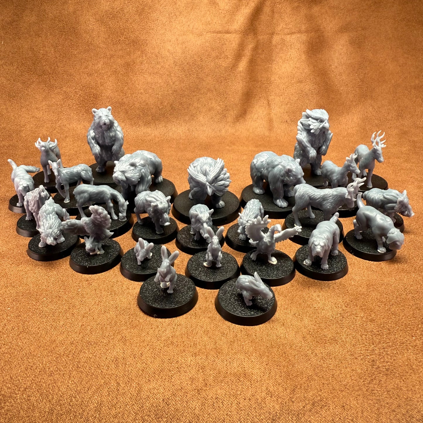 28mm resin miniature animals including bears, owlbears, deer, dogs, hounds, hares, rabbits, hawks and geese