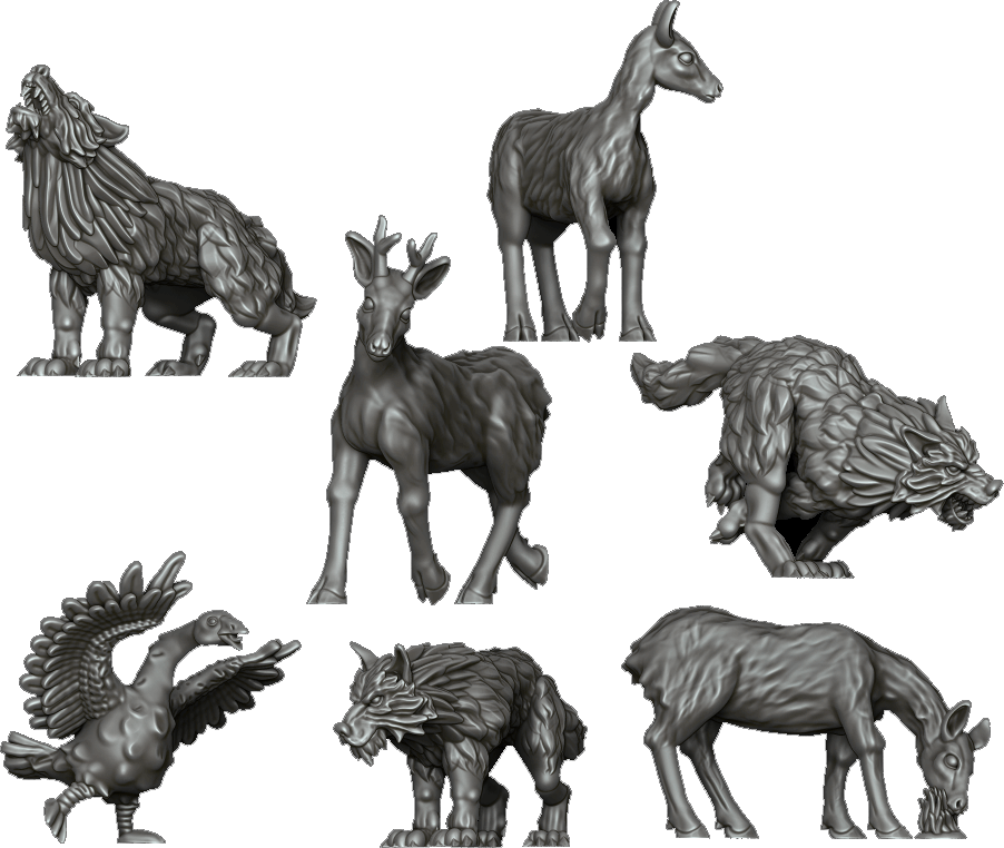 28mm resin miniature animals including bears, owlbears, deer, dogs, hounds, hares, rabbits, hawks and geese