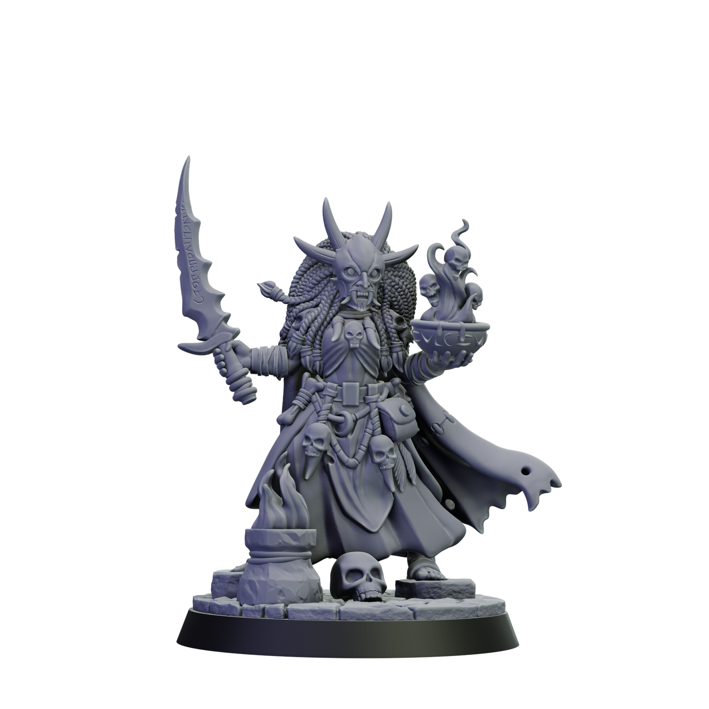 Gray fantasy figurine with armor and weapon on a white background