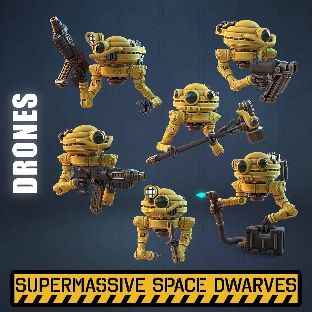 Space Dwarf 32mm scale resin drones holding various tools and weapons miniature model