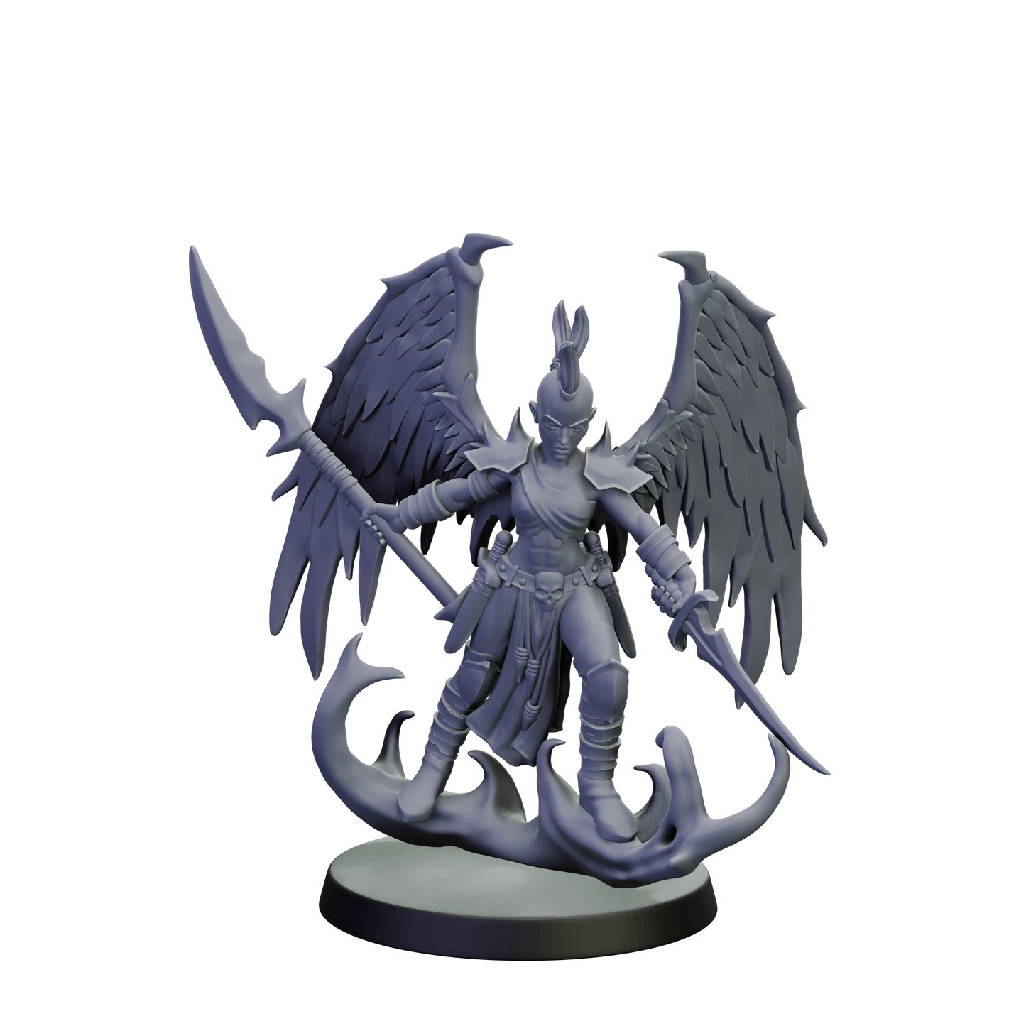 Fantasy figurine with wings and armor on a white background