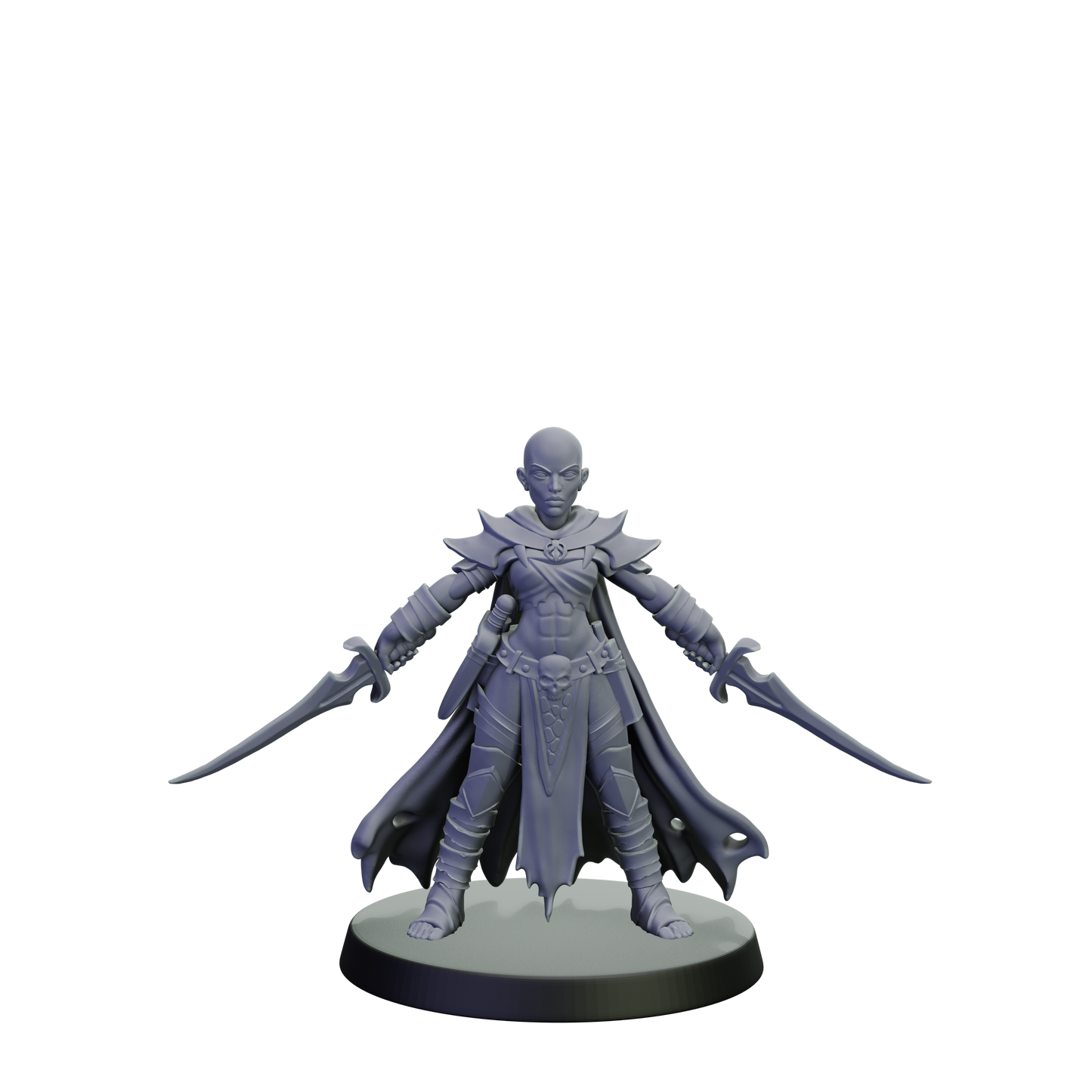 Gray fantasy figurine with a cape and two swords on a white background