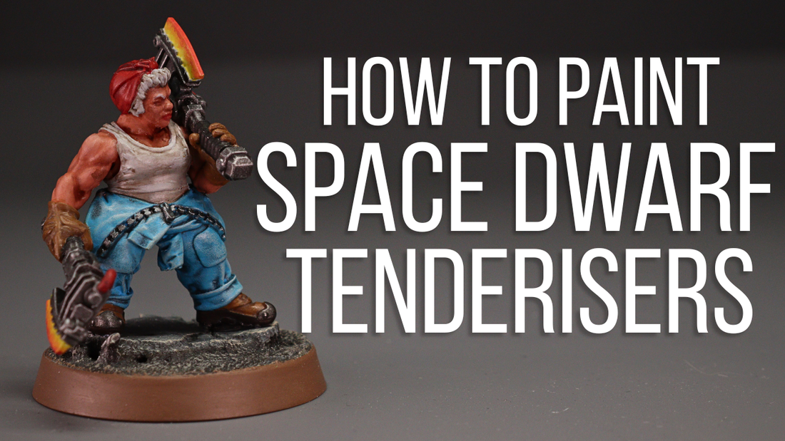 a painted lady space dwarf miniature holding 2 axes on a grey background next to the words how to paint space dwarf tenderisers