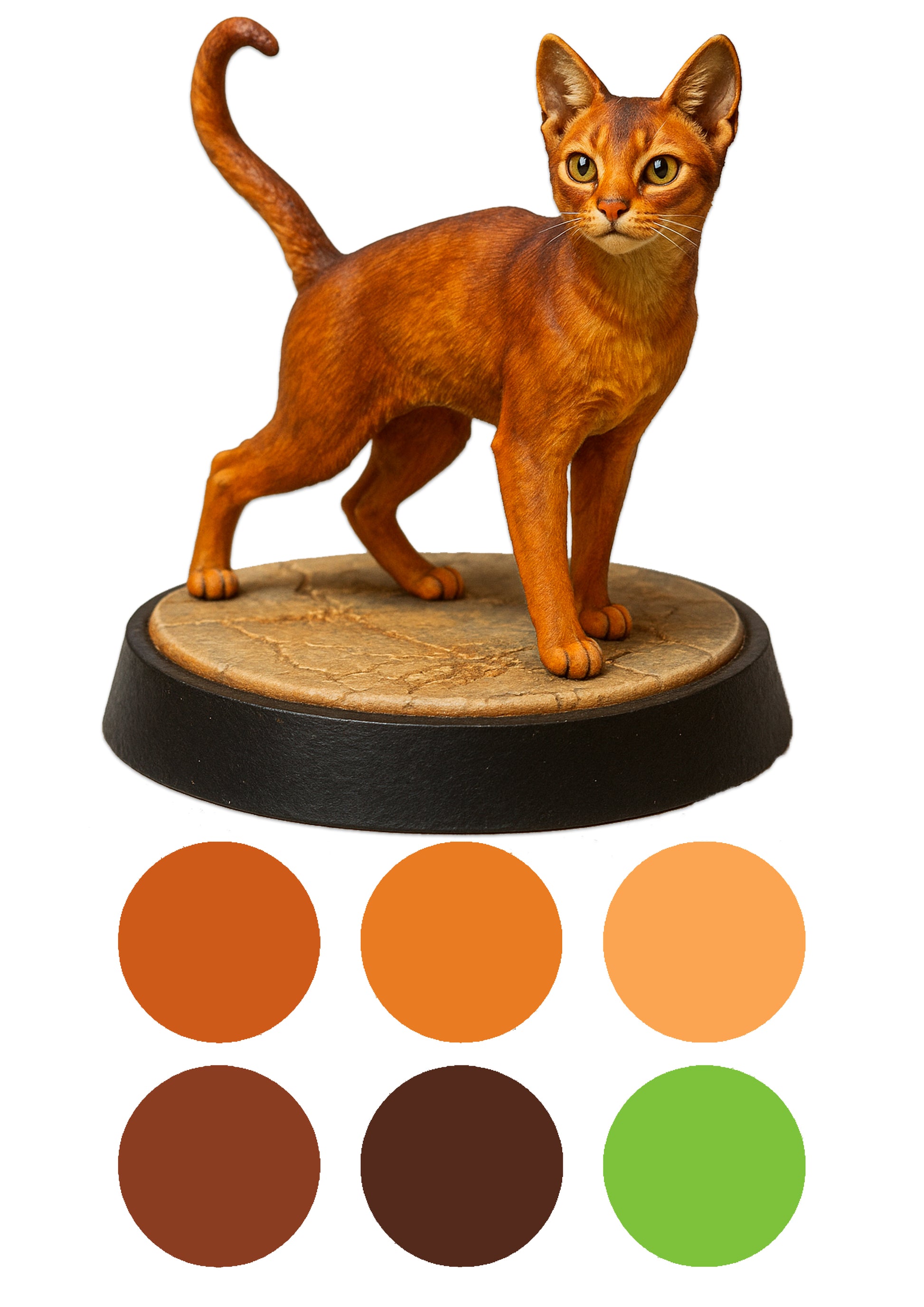 Cat figurine on a wooden base with color swatches below