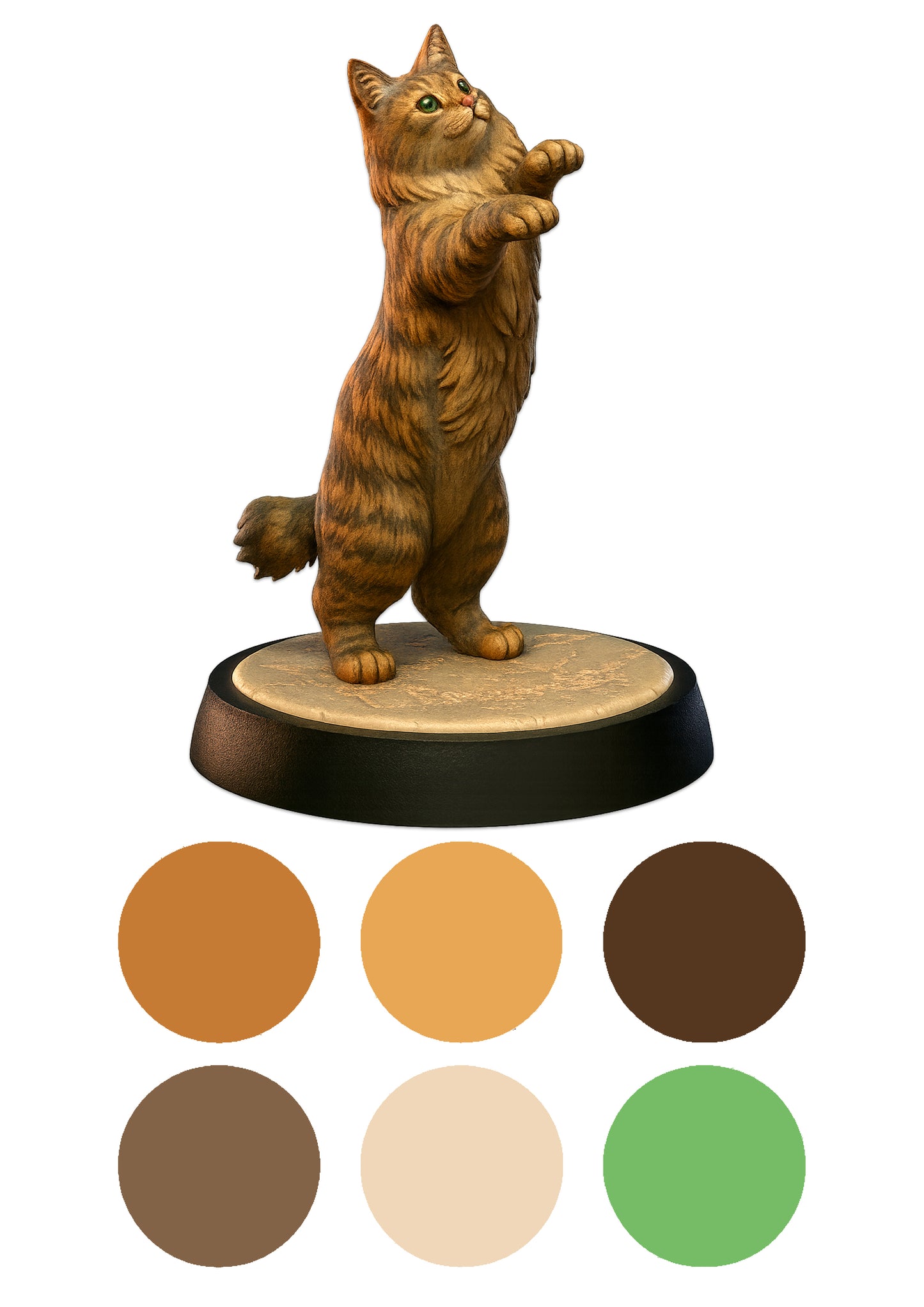 Wooden cat figurine on a white background with color swatches below.