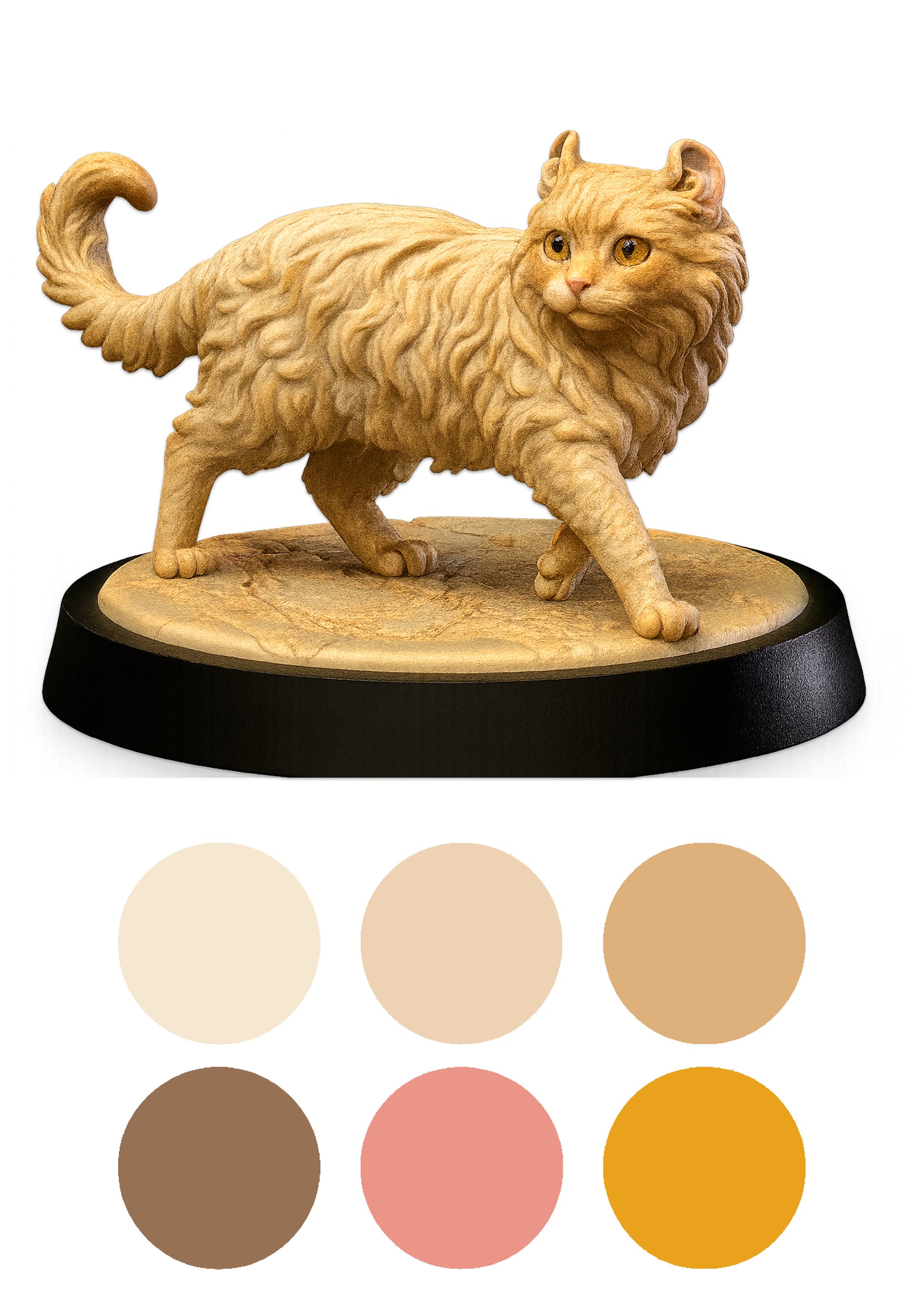 Cat figurine on a black base with color swatches below