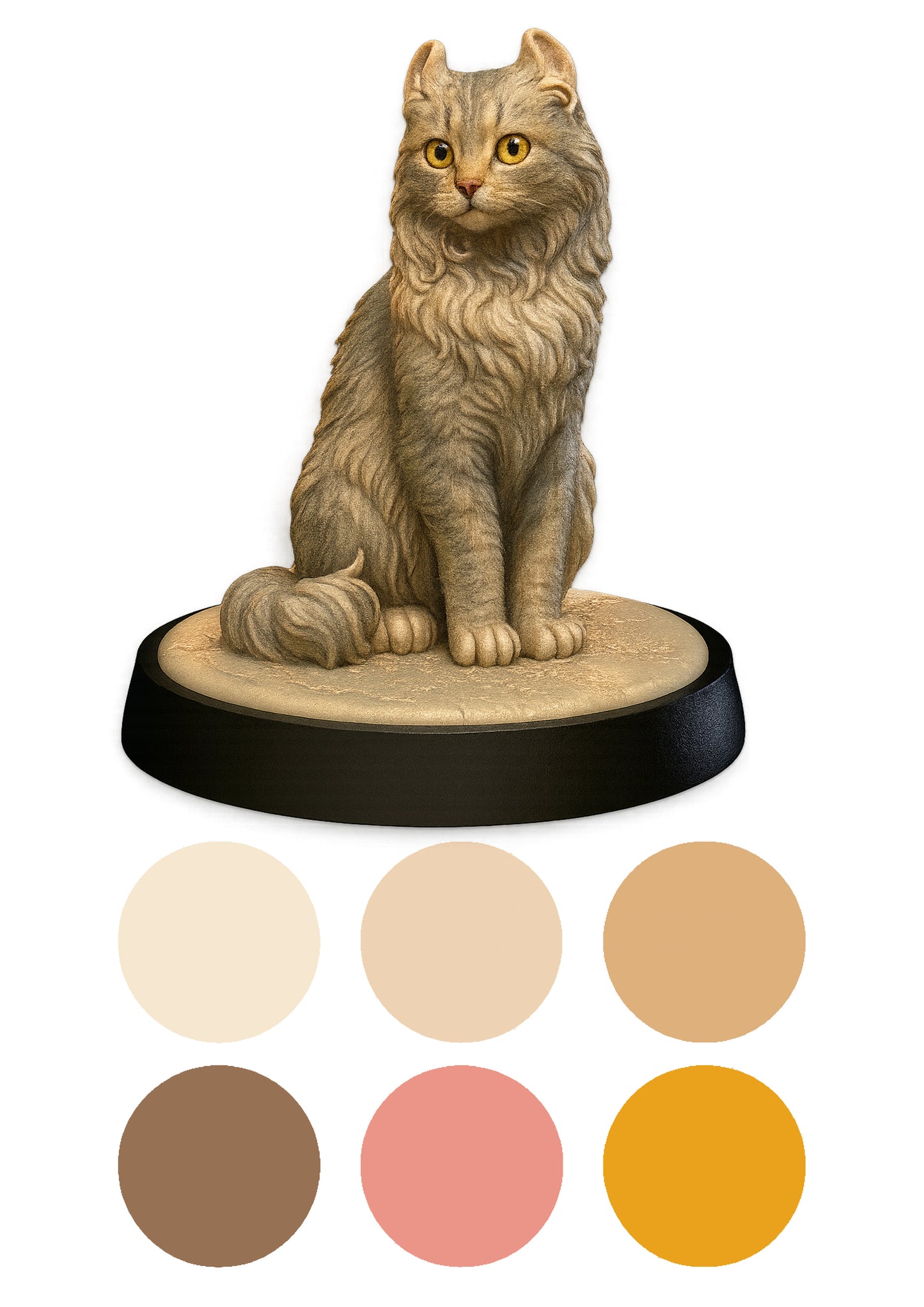 Cat figurine on a white background with color swatches below