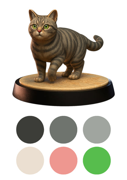 Cat figurine on a wooden base with color swatches below