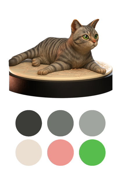 Cat-shaped product on a wooden base with color swatches below