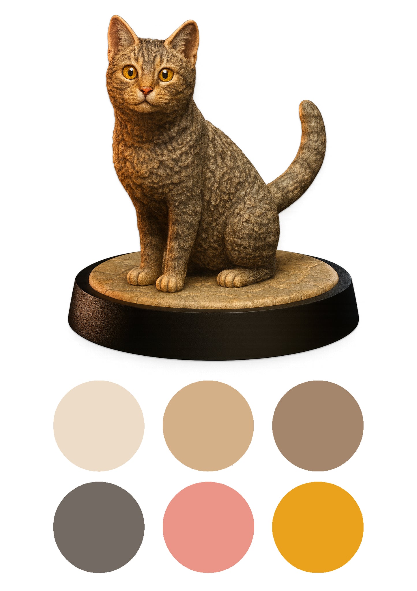 Cat figurine on a round base with color swatches below
