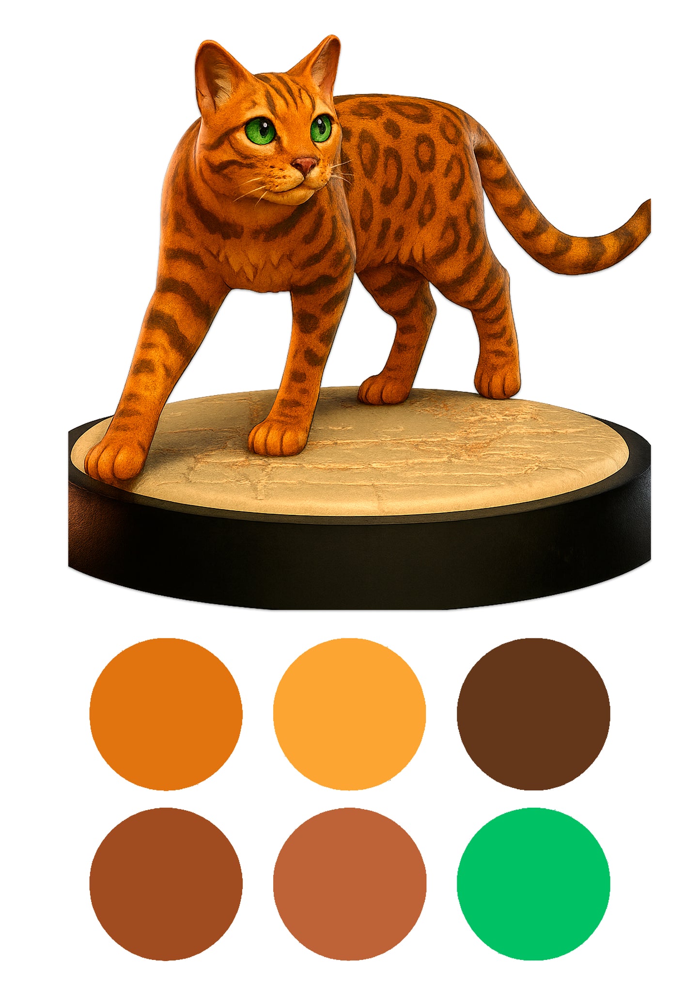 Cat figurine on a wooden base with color swatches below