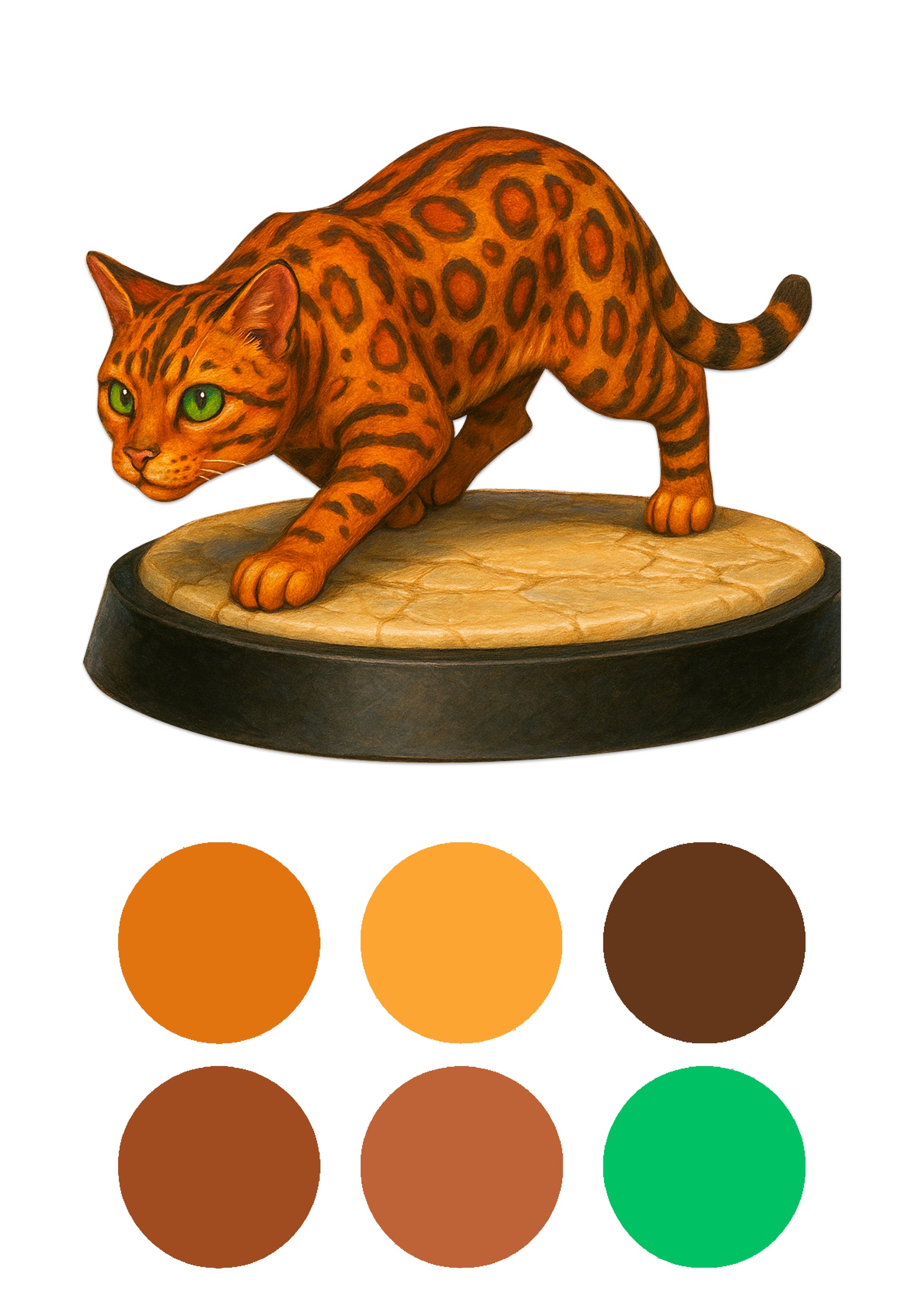 Cat figurine on a round base with color swatches below