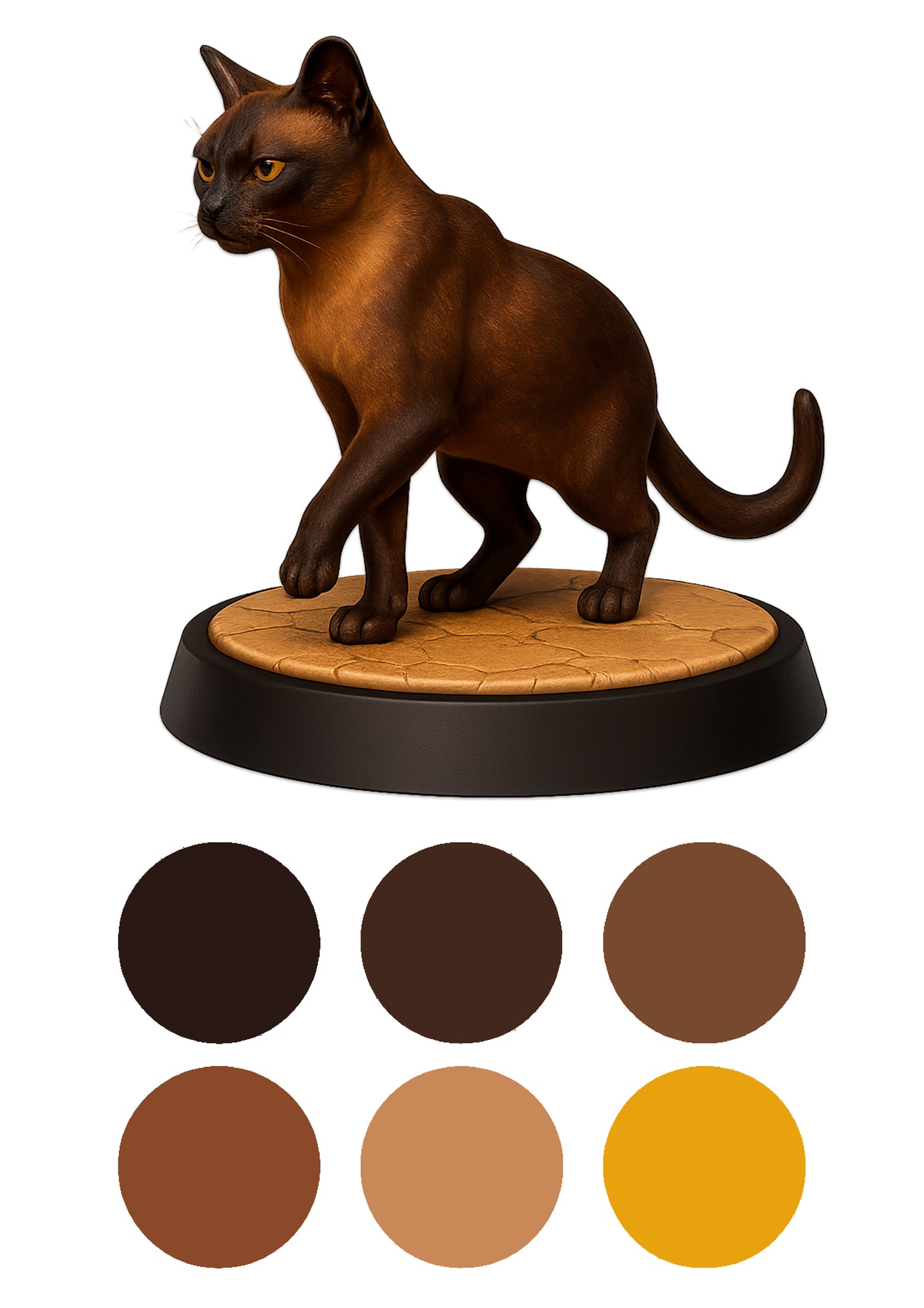 Cat figurine on a round base with color swatches below