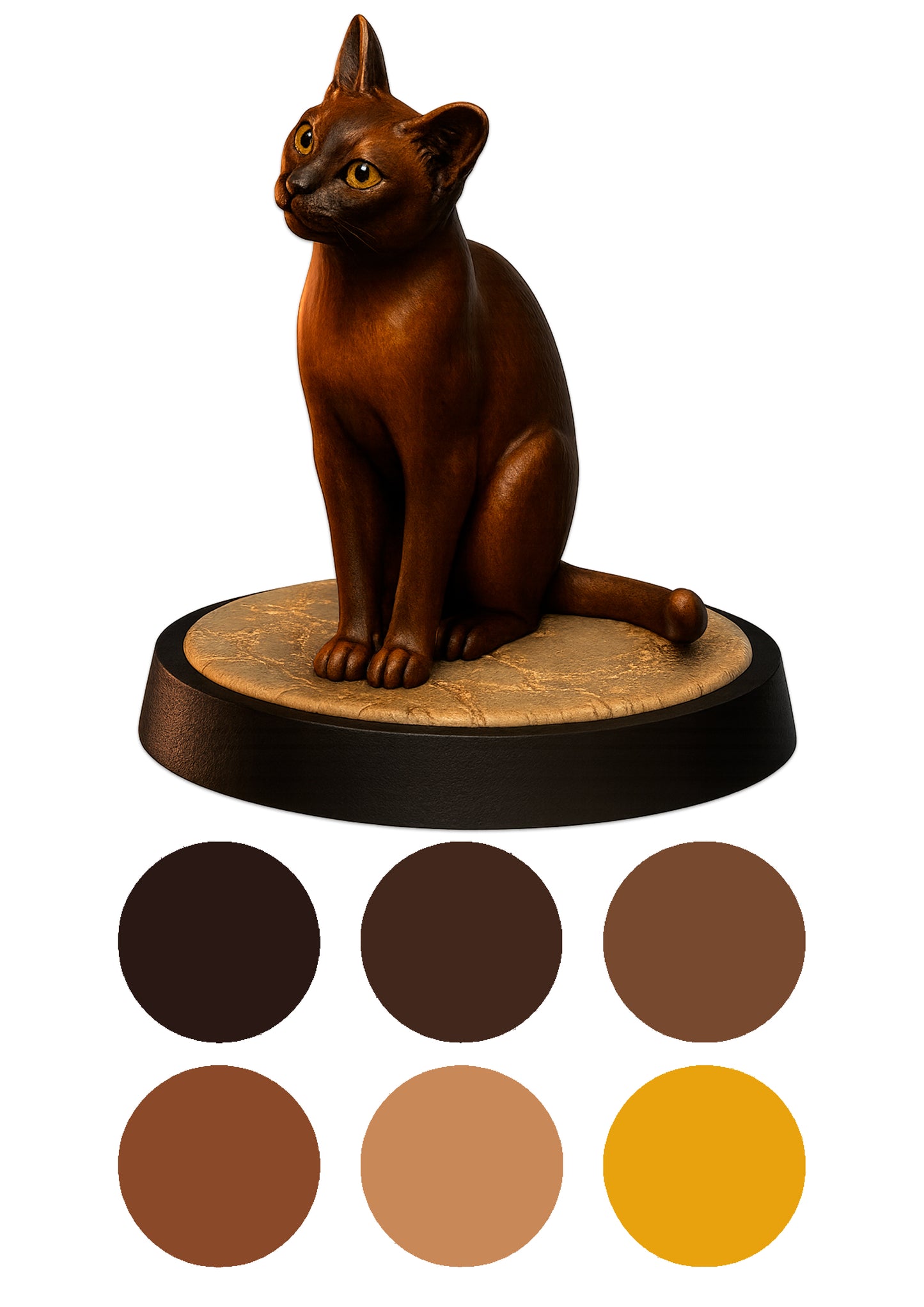 Brown cat figurine on a white background with color swatches below.