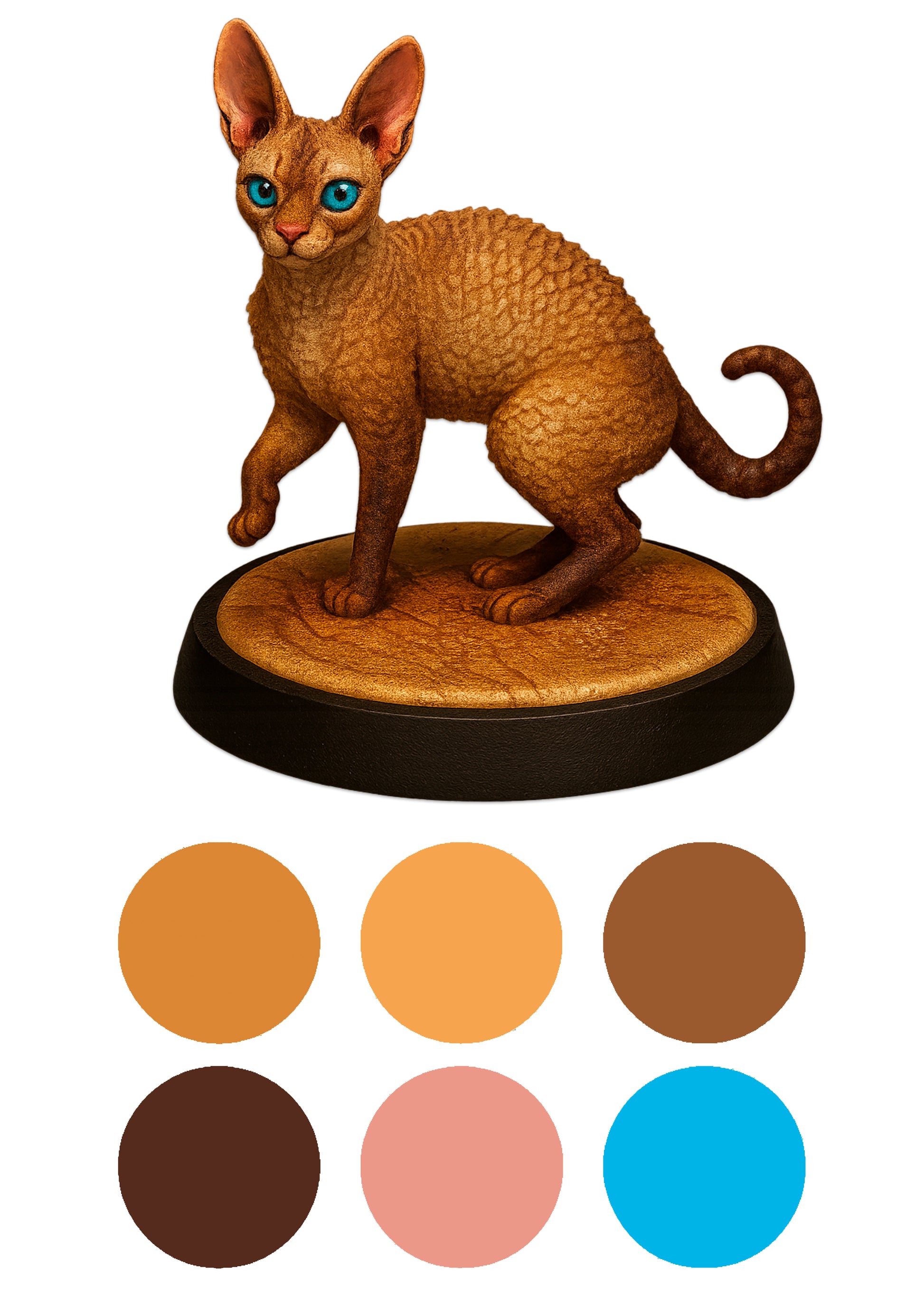 Cat figurine on a round base with color swatches below