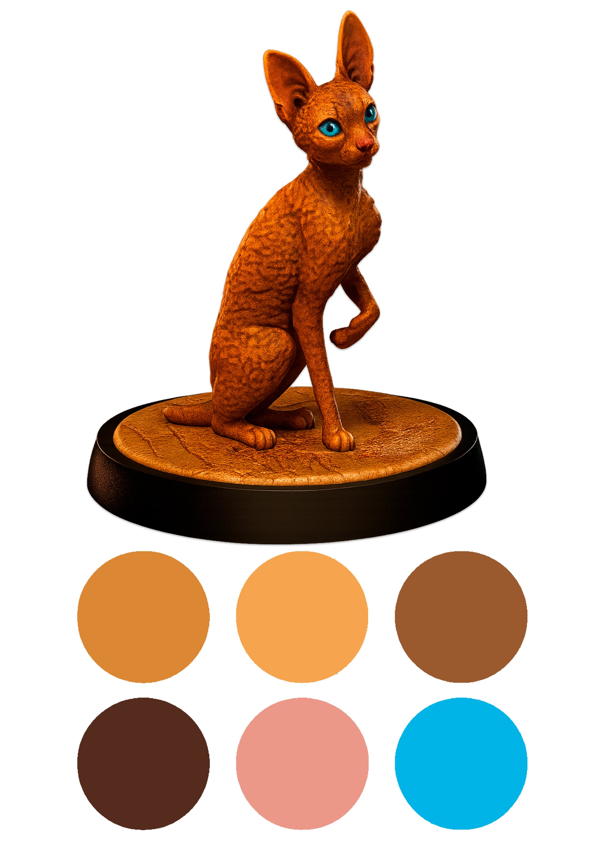 cat figurine on a round base with color swatches below