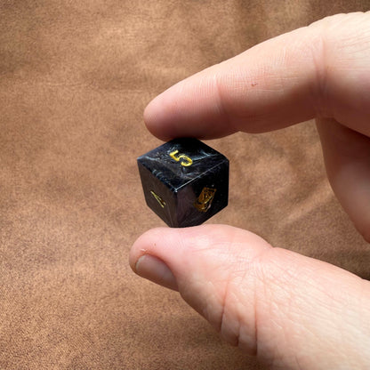 Hand holding a small black die with gold numbers on a brown background