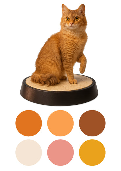 Orange cat on a wooden stand with color swatches below