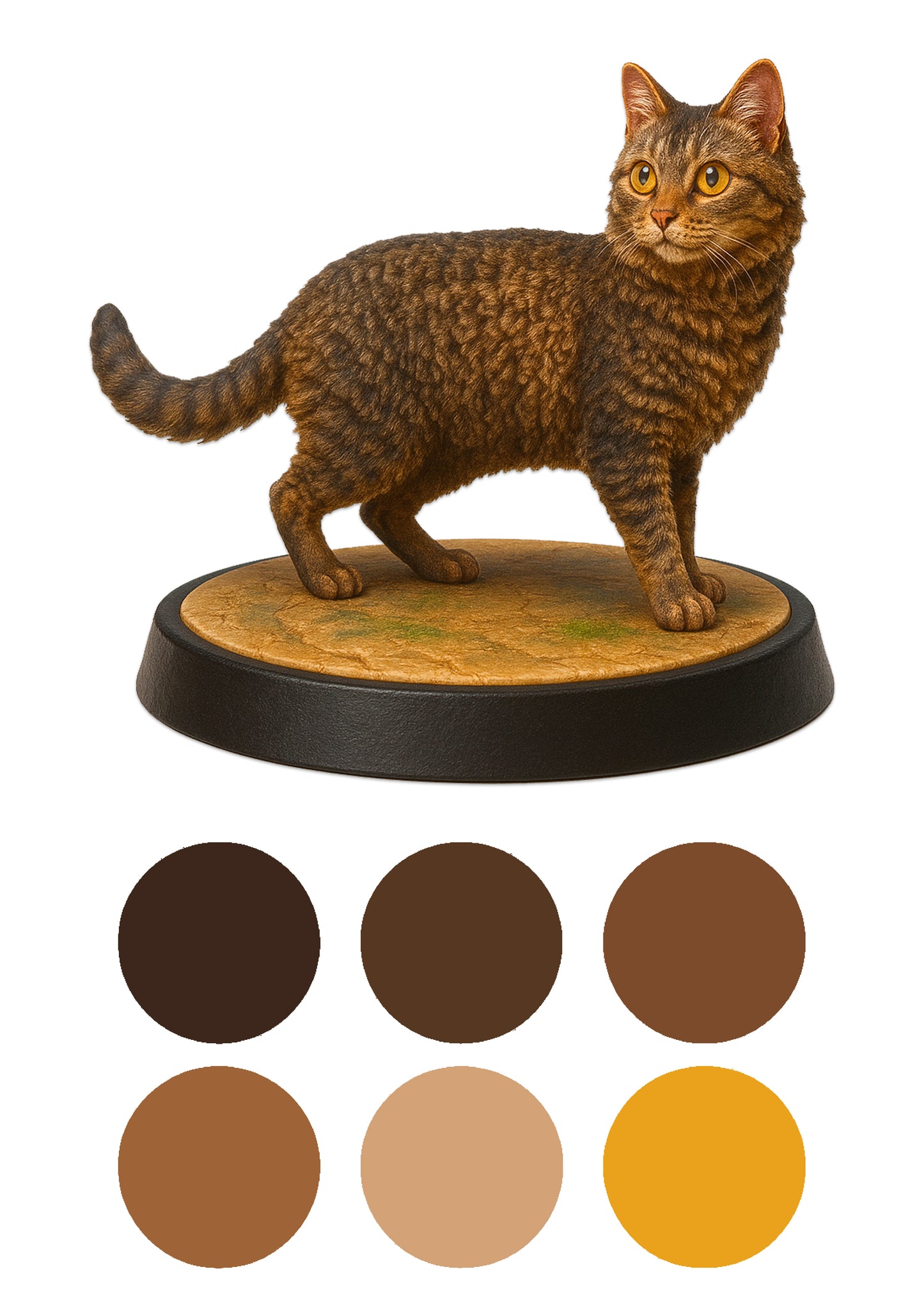 Cat figurine on a stand with color swatches below