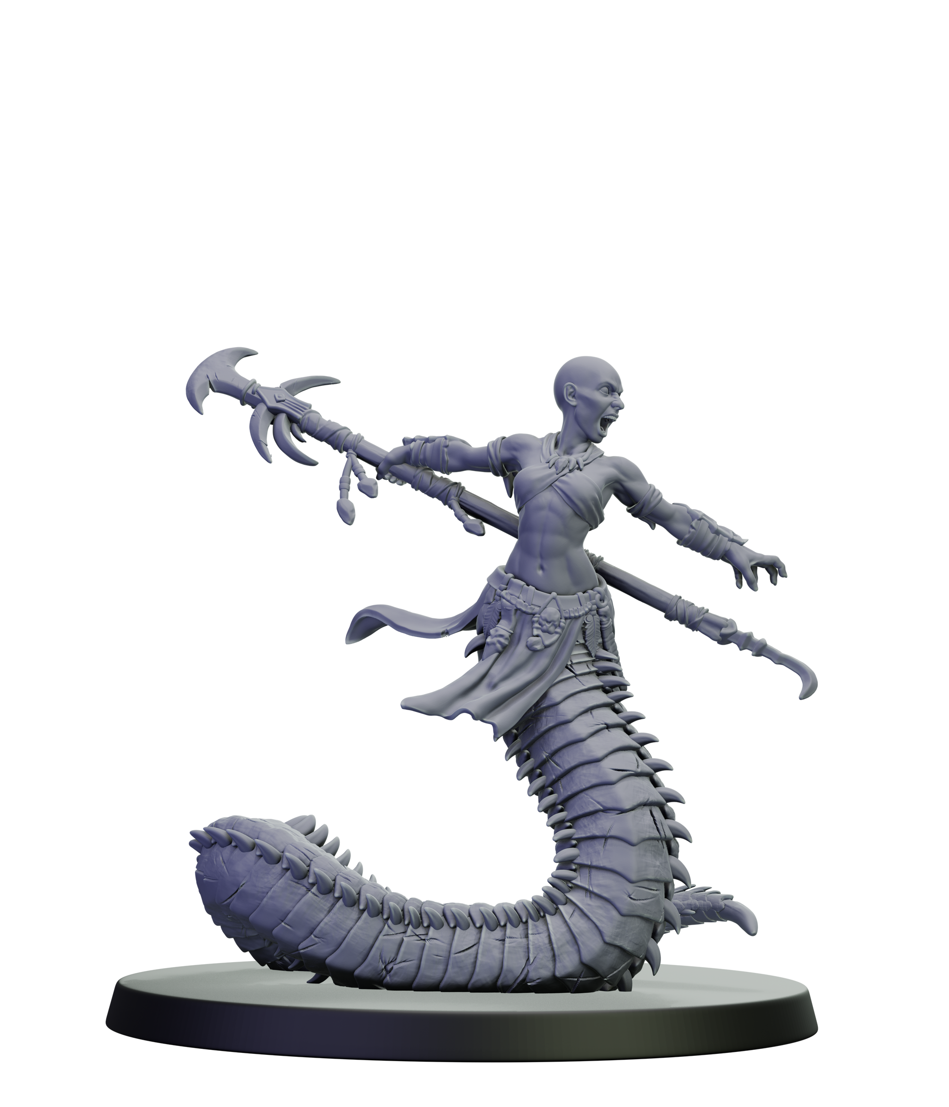 Gray fantasy figurine with a long, segmented body on a white background