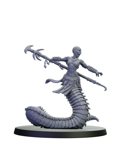 Gray fantasy figurine with a long, segmented body on a white background