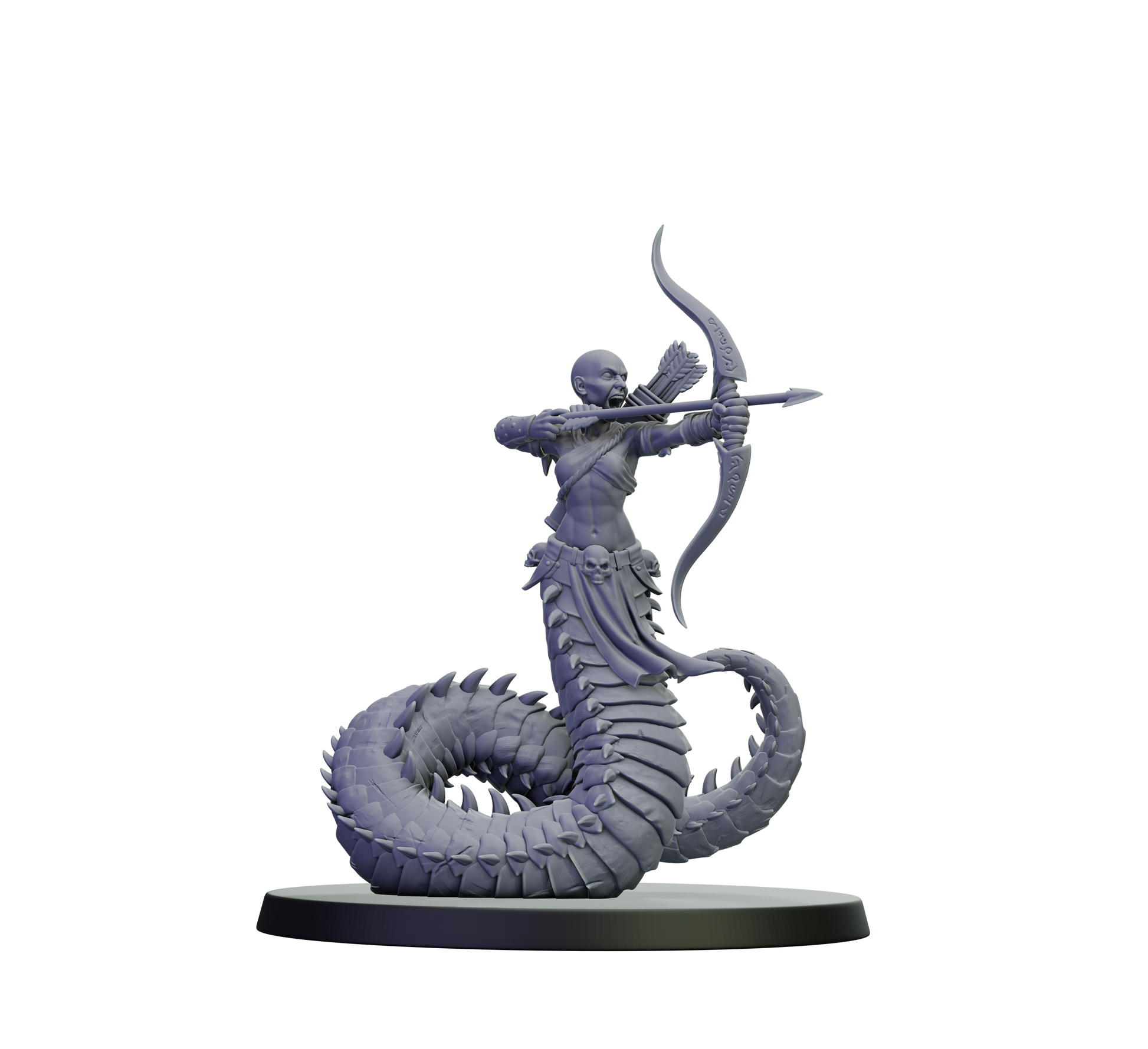 Gray figurine of a warrior on a serpent with a bow on a white background