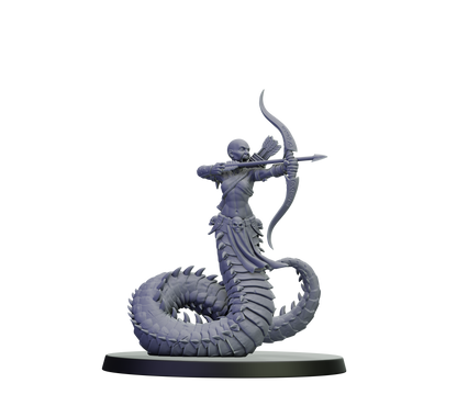 Gray figurine of a warrior on a serpent with a bow on a white background