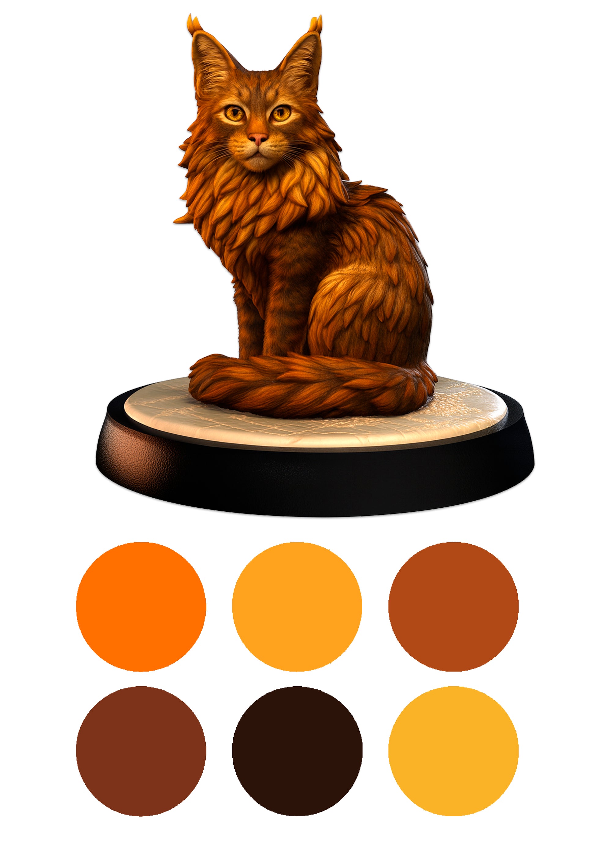 Cat figurine on a wooden base with color swatches below