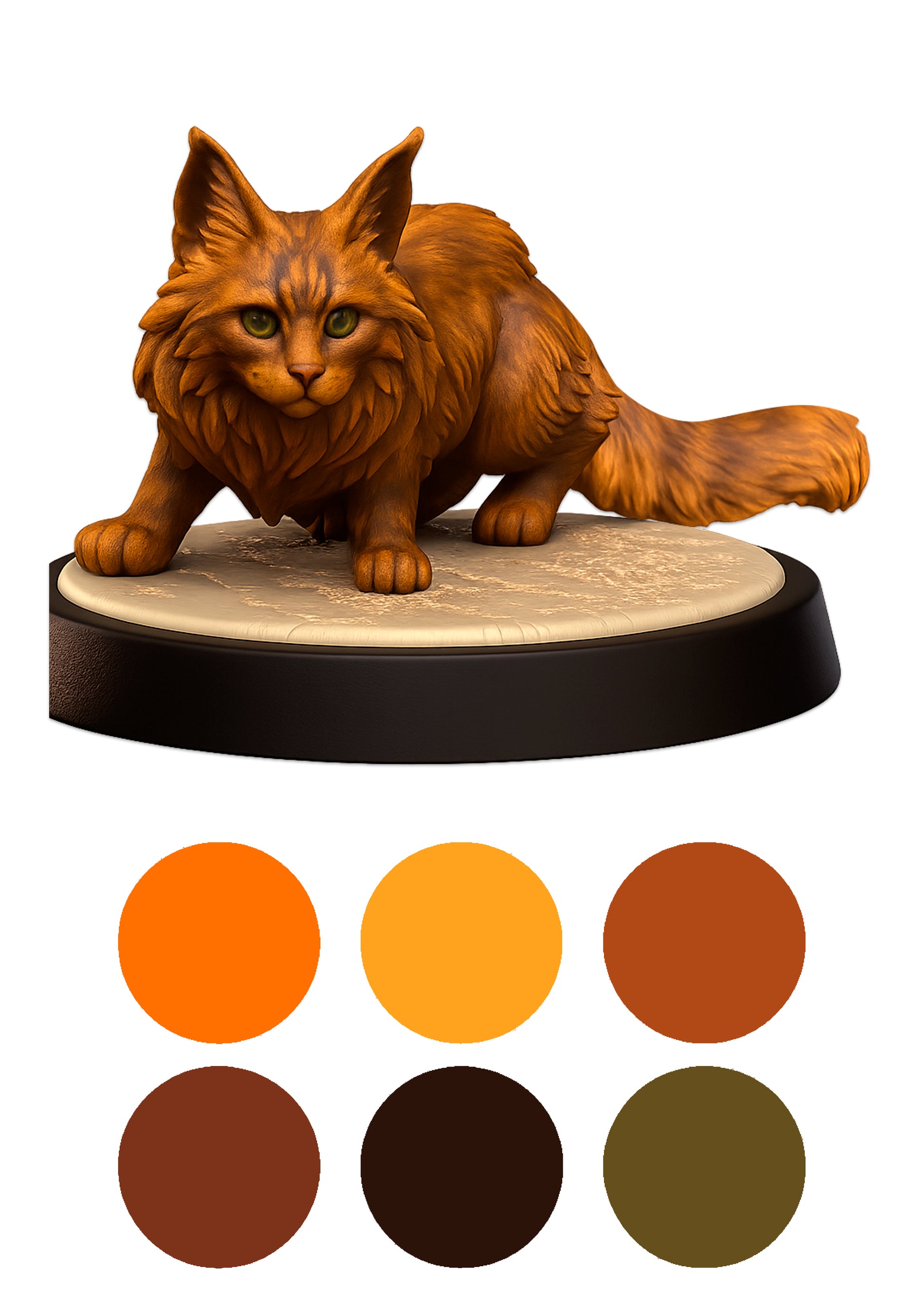 Cat figurine with color swatches below on a white background