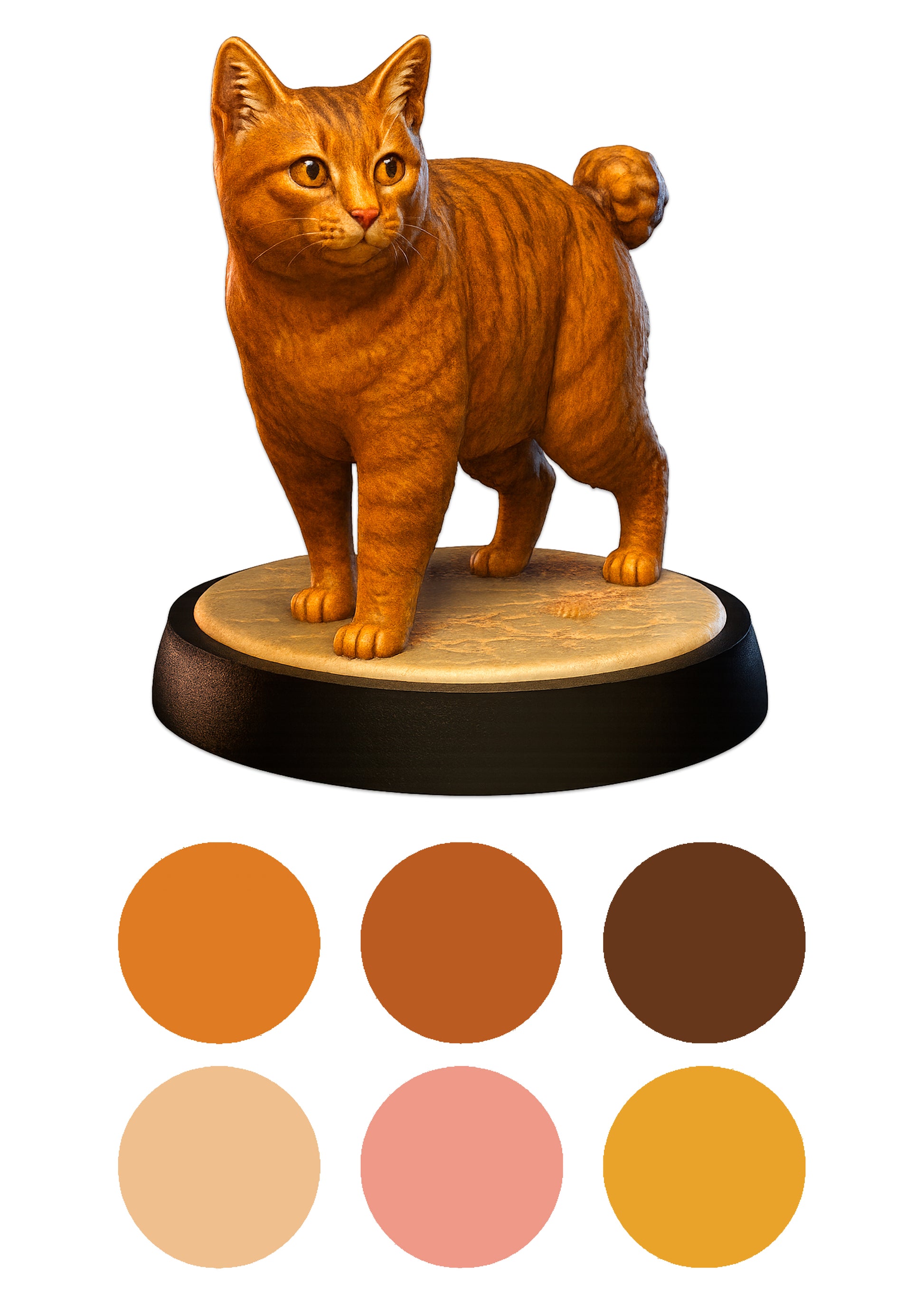 Cat figurine on a wooden base with color swatches below