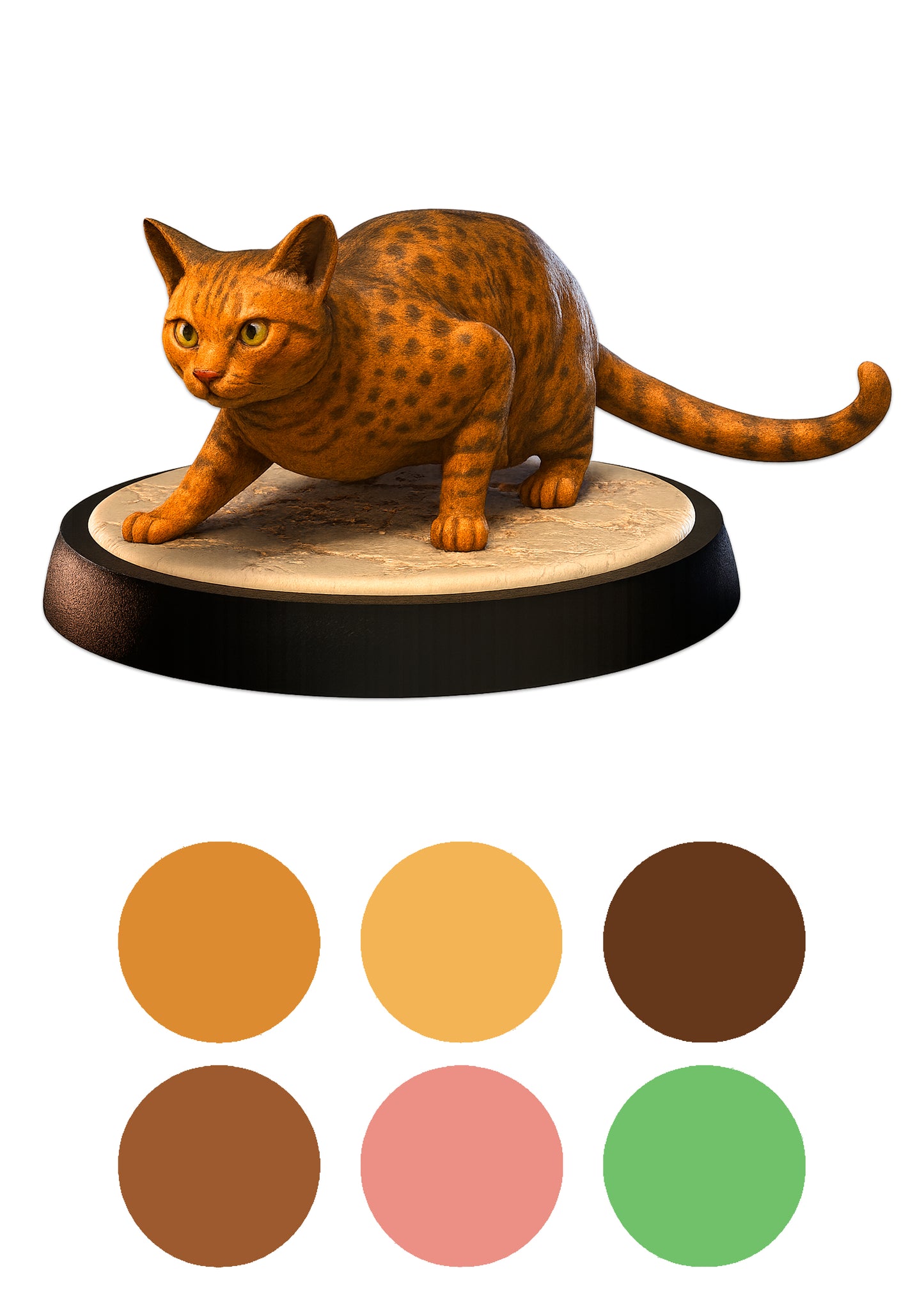 Cat figurine on a wooden base with color swatches below